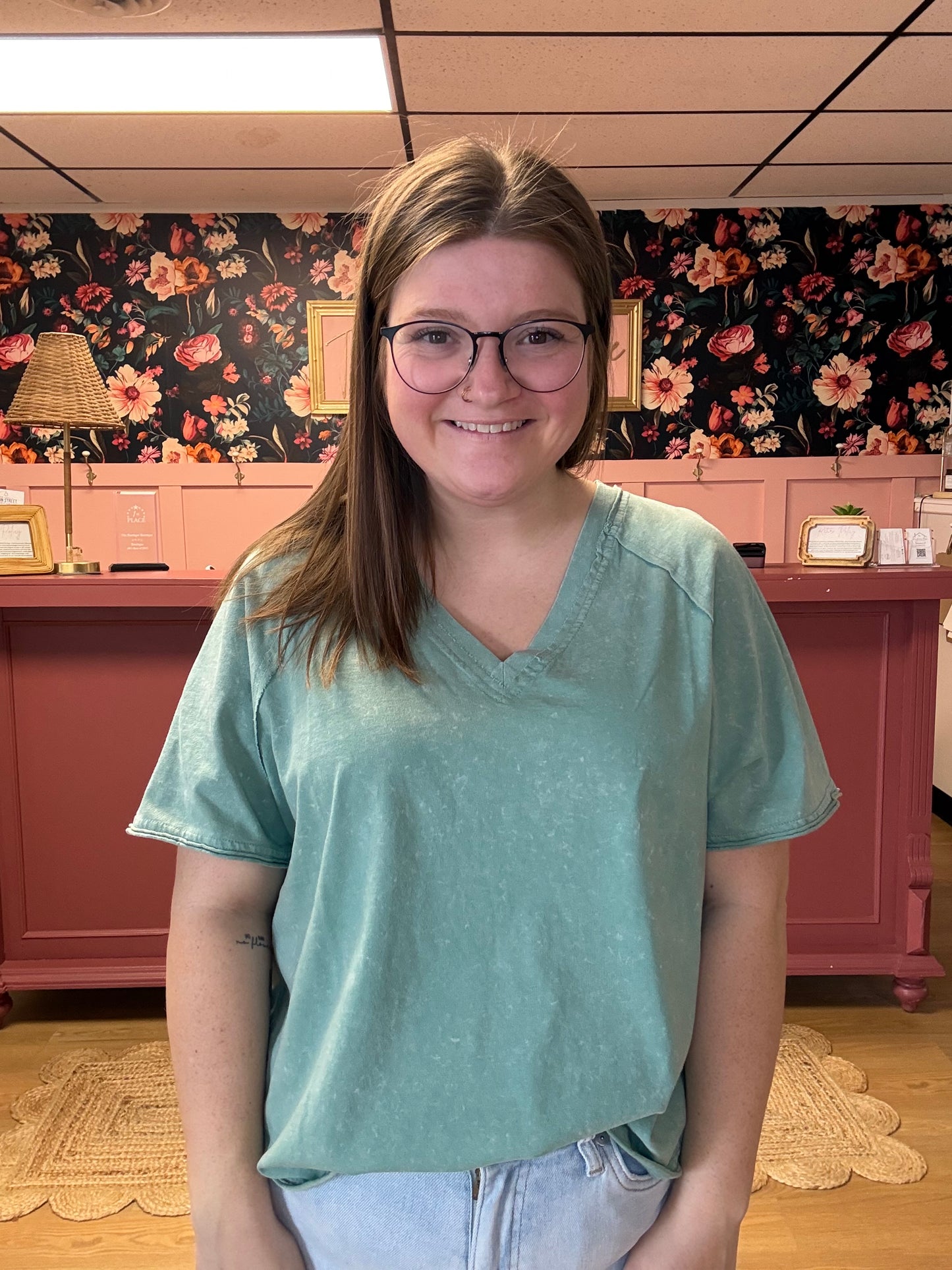 Acid Wash V-Neck - Sage