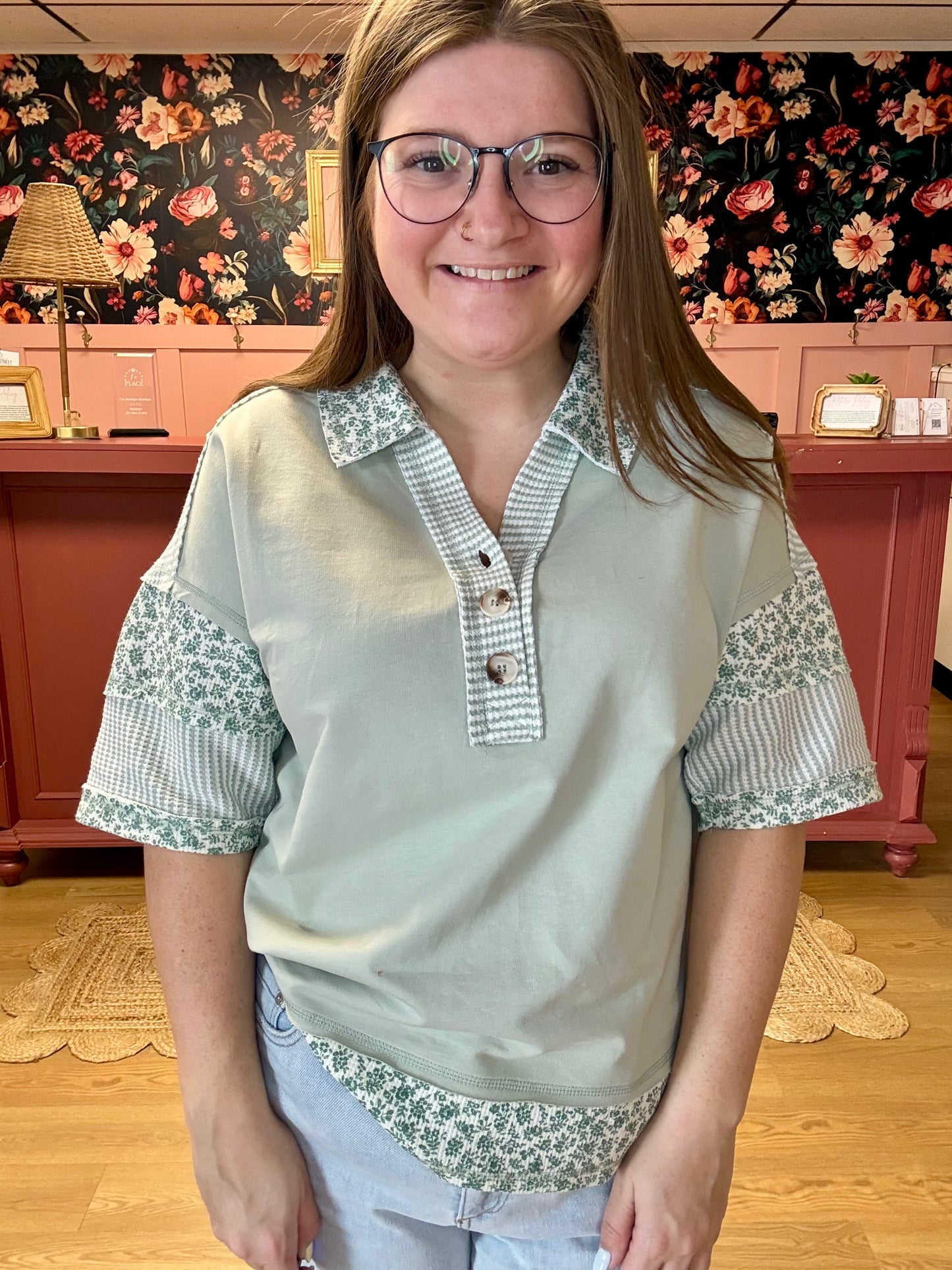 Sage Stripe Floral Collared