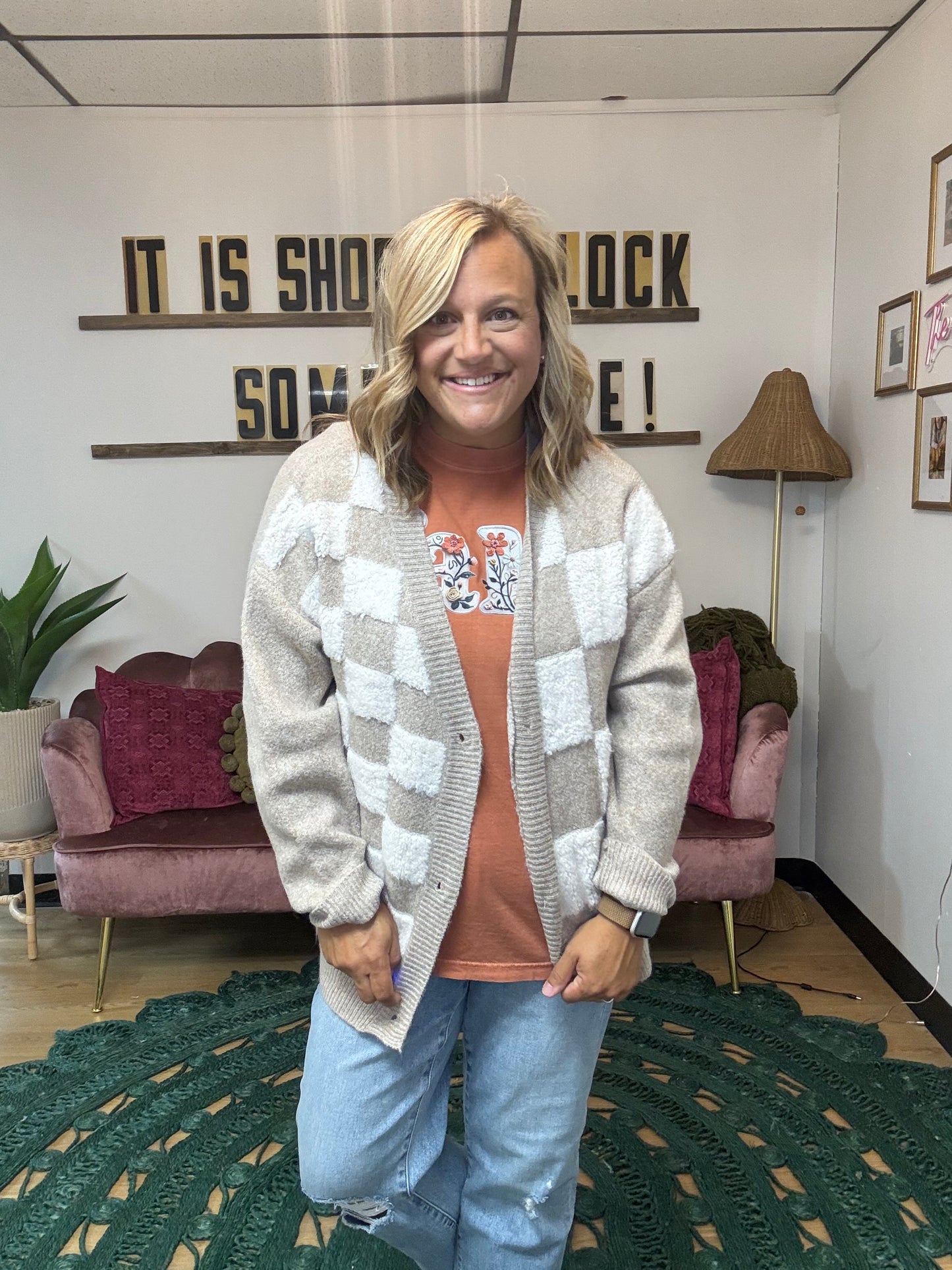 Anne Checkered Cardigan - Taupe