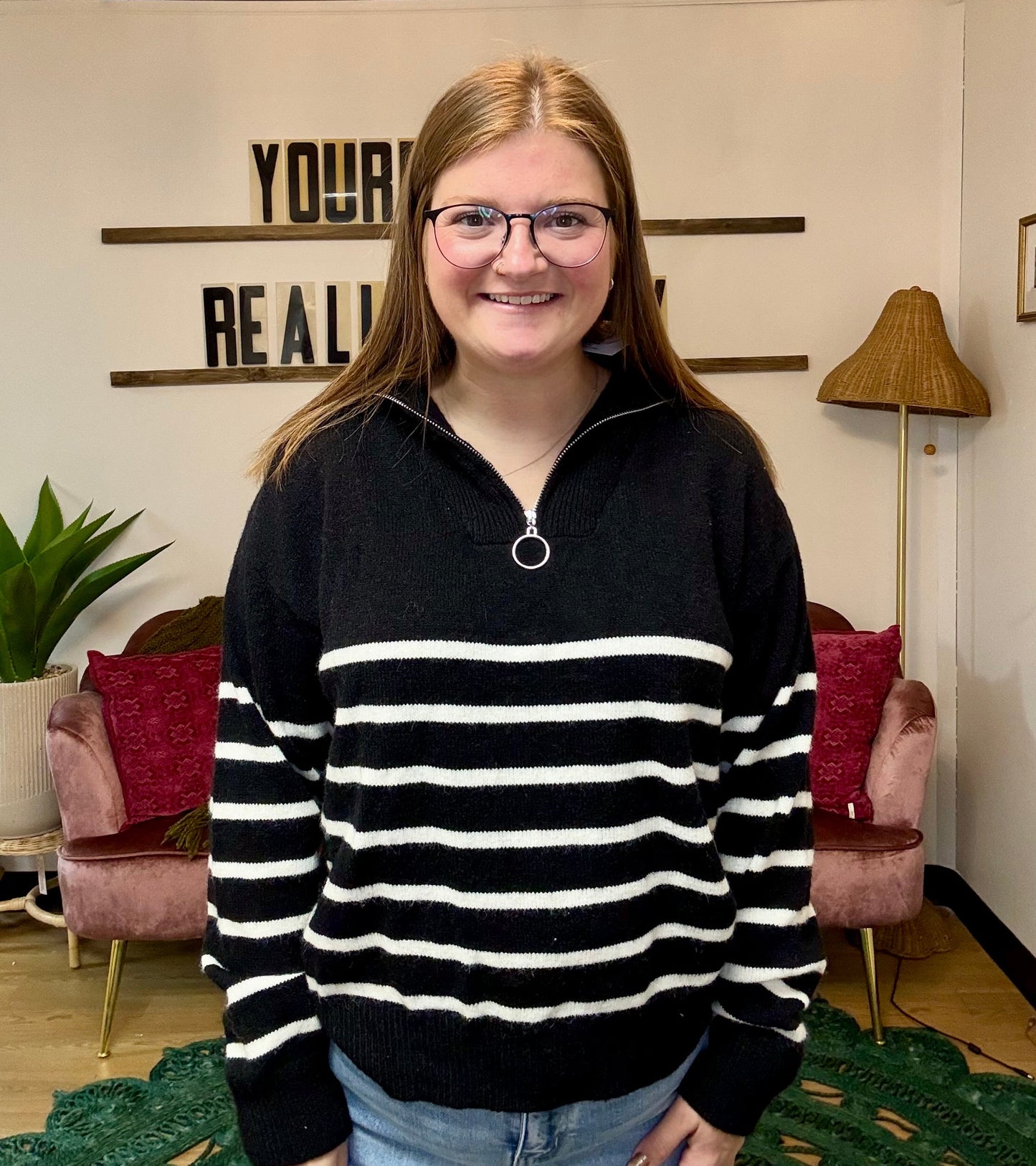 Striped 1/4 Zip Sweater - Black