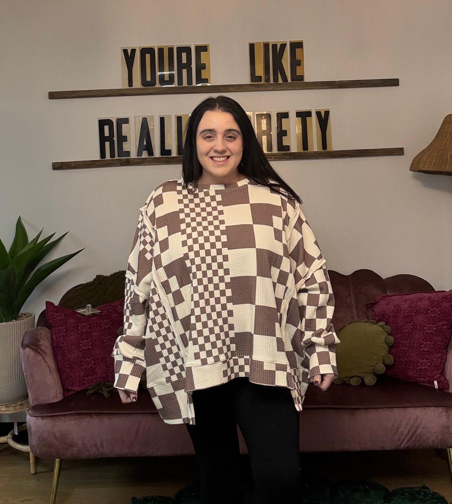 Checker Print Oversized Waffle Sweatshirt