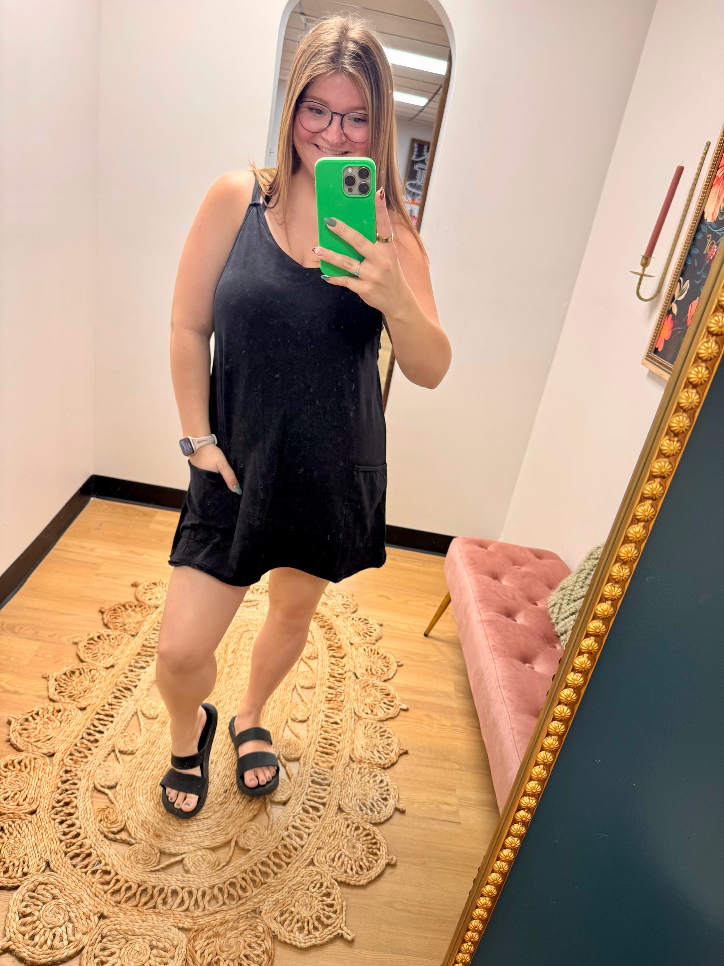 Acid Wash Dress w/ Built-in Romper - Black