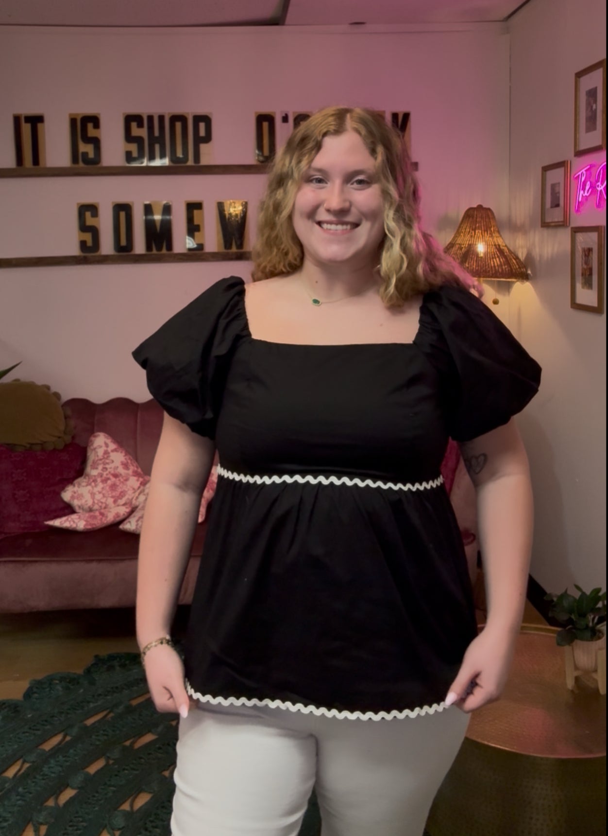 Susannah Black Smocked Ric Rac Top