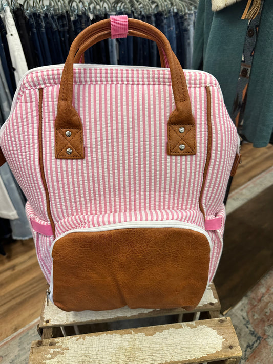 Pink pinstripe backpack/diaper bag