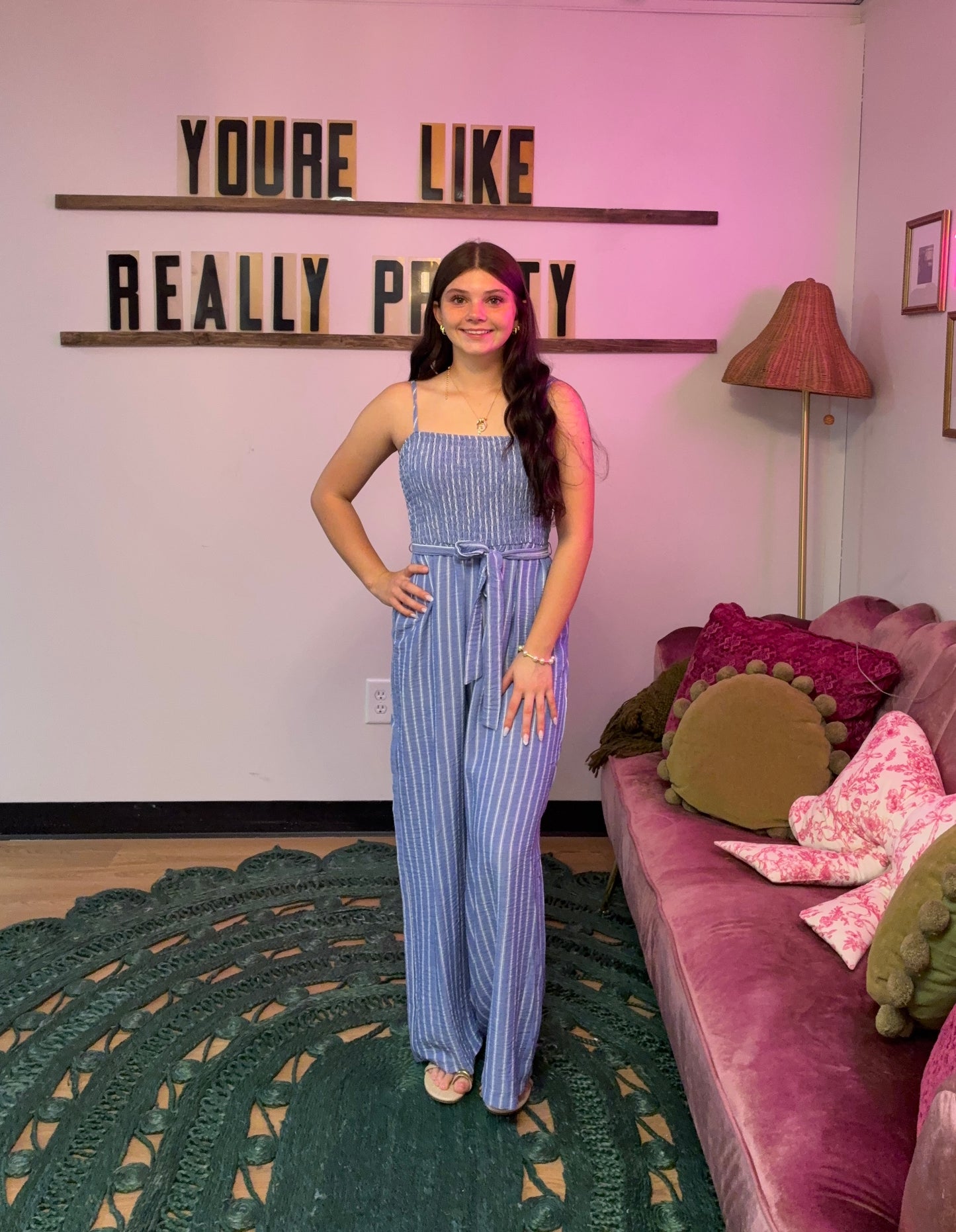 Stripe Smocked Wide Leg Jumpsuit - Blue