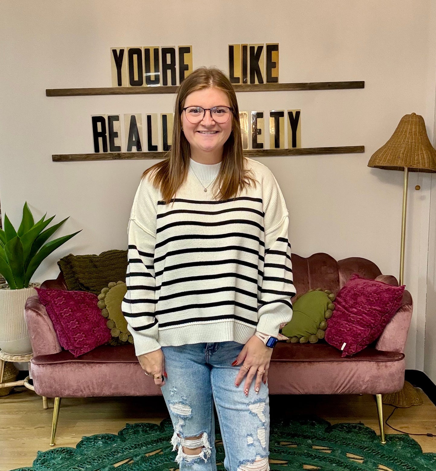 Exposed Seam Striped Sweater - White