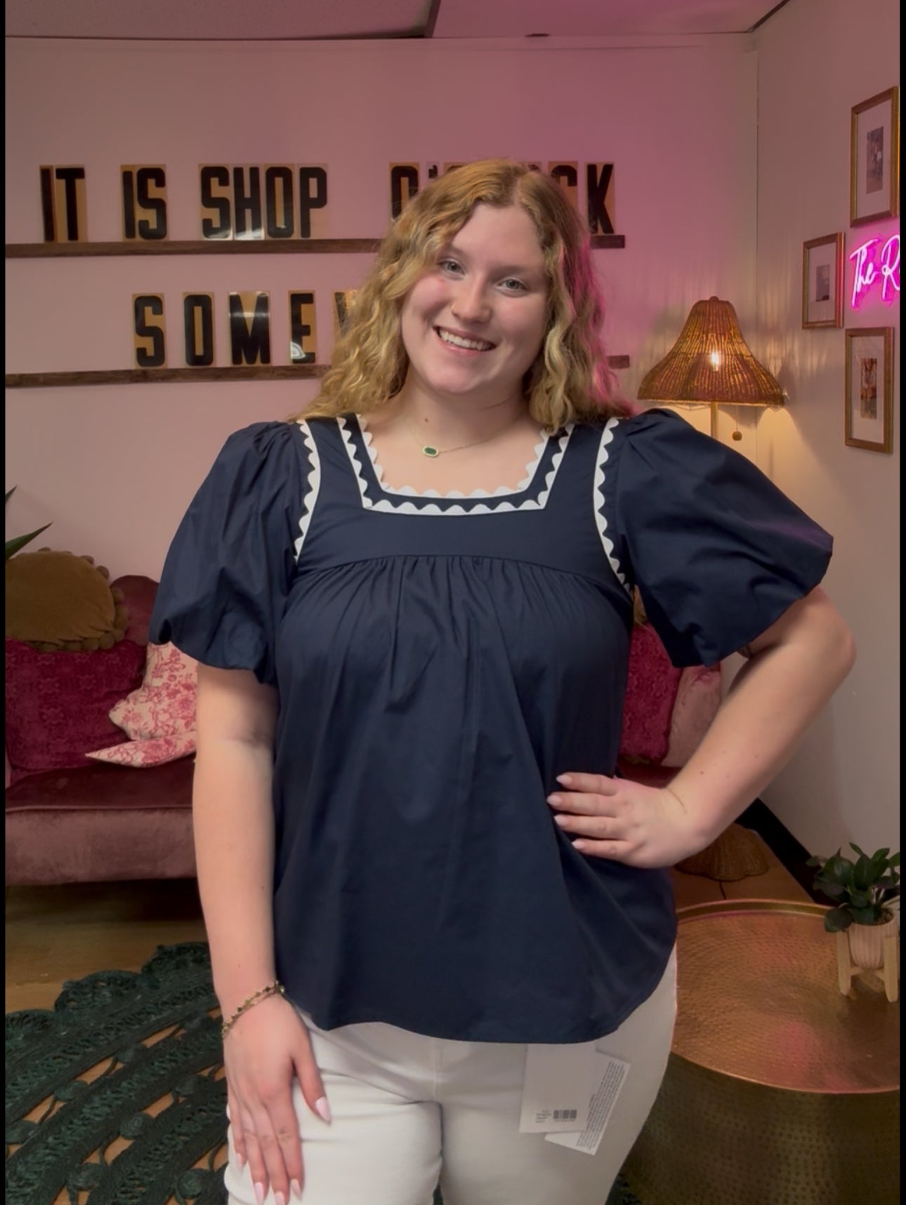 Jennifer Navy Ric Rac Puff Sleeve Top