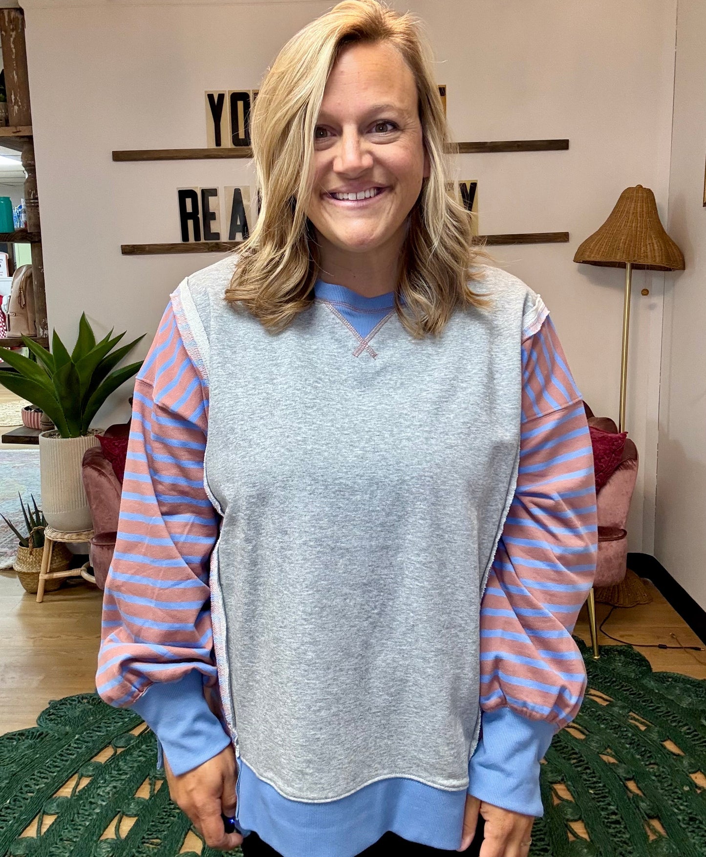 Oversized Striped Knit Top - Grey