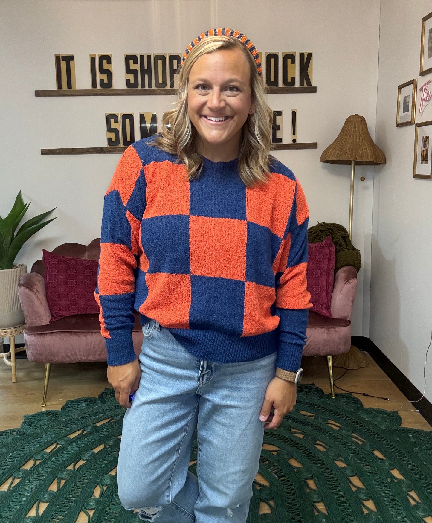 Orange & Navy Checkered Sweater