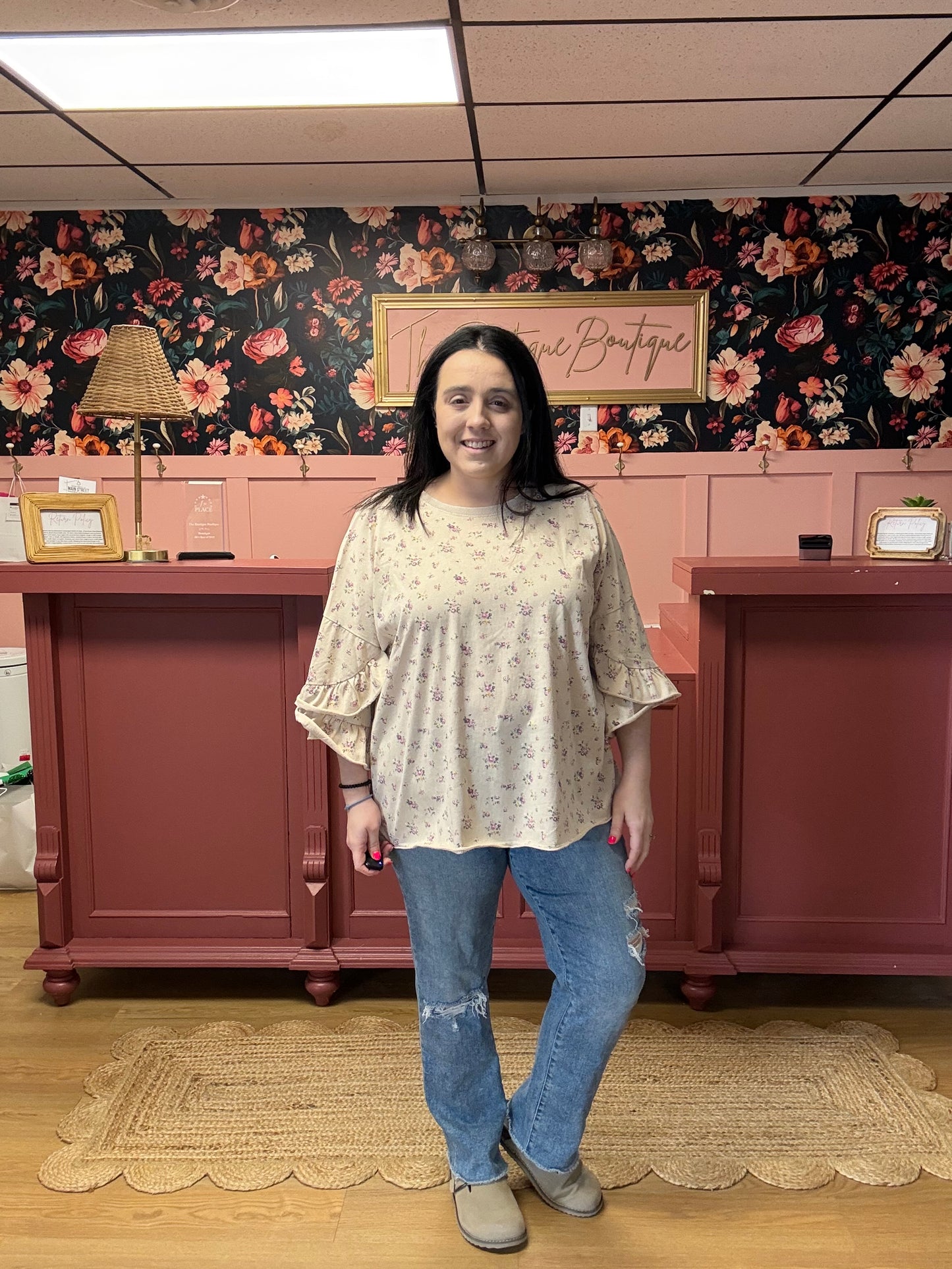 3/4 Ruffle Sleeve Floral Top