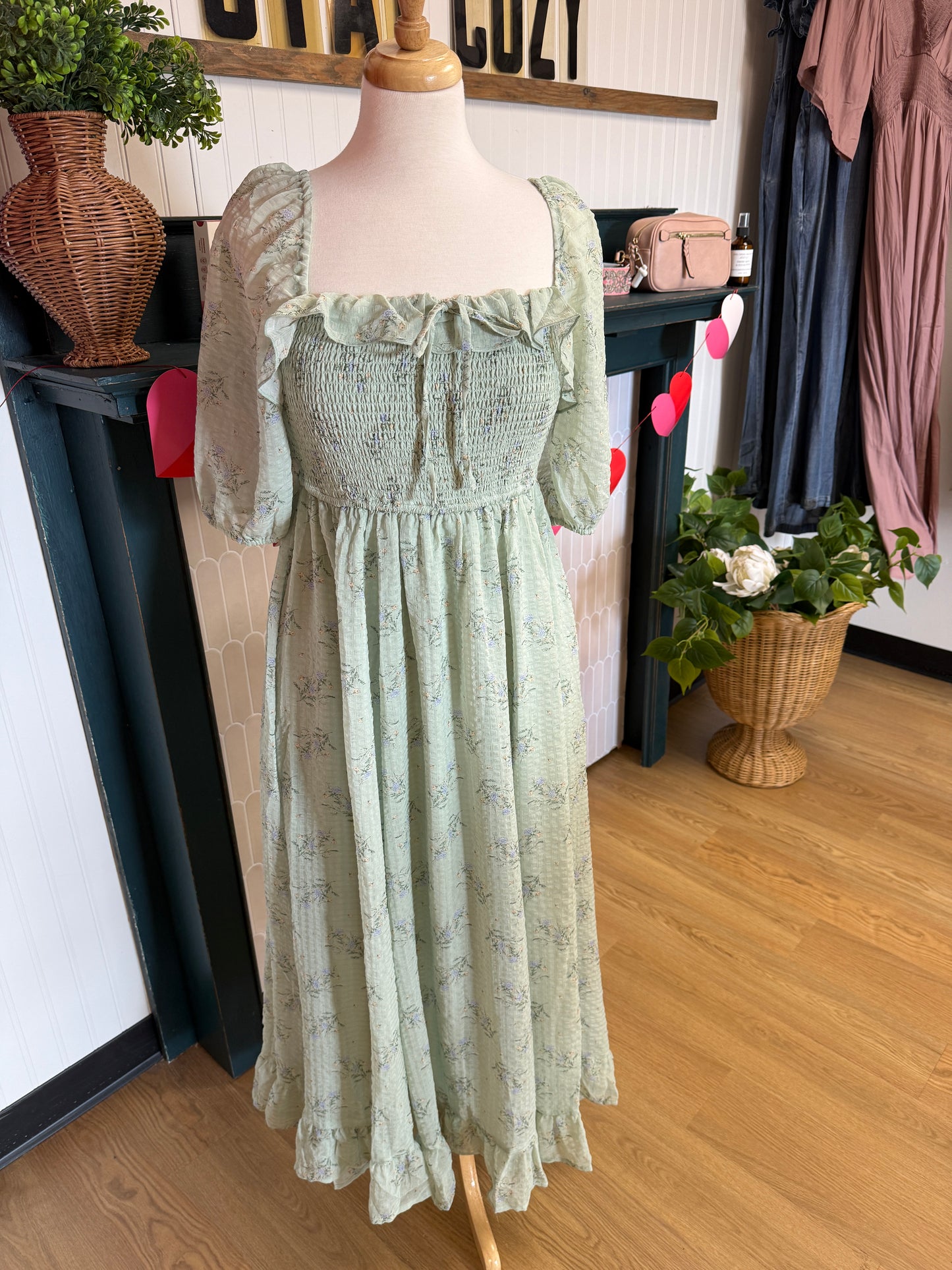 Smocked Floral Ruffle Maxi Dress - Green Tea Floral