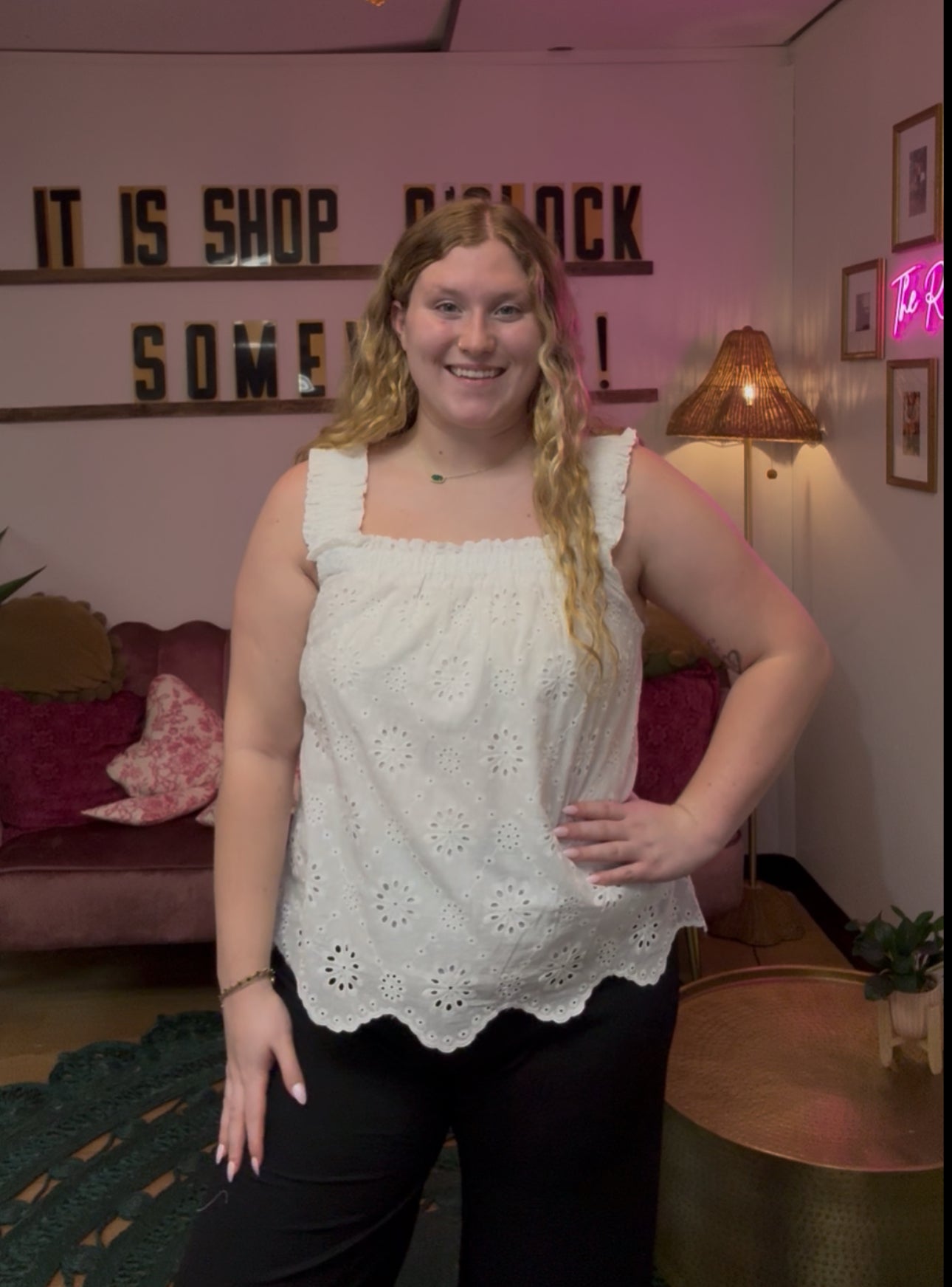 Patience White Eyelet Ruffle Sleeve Tank
