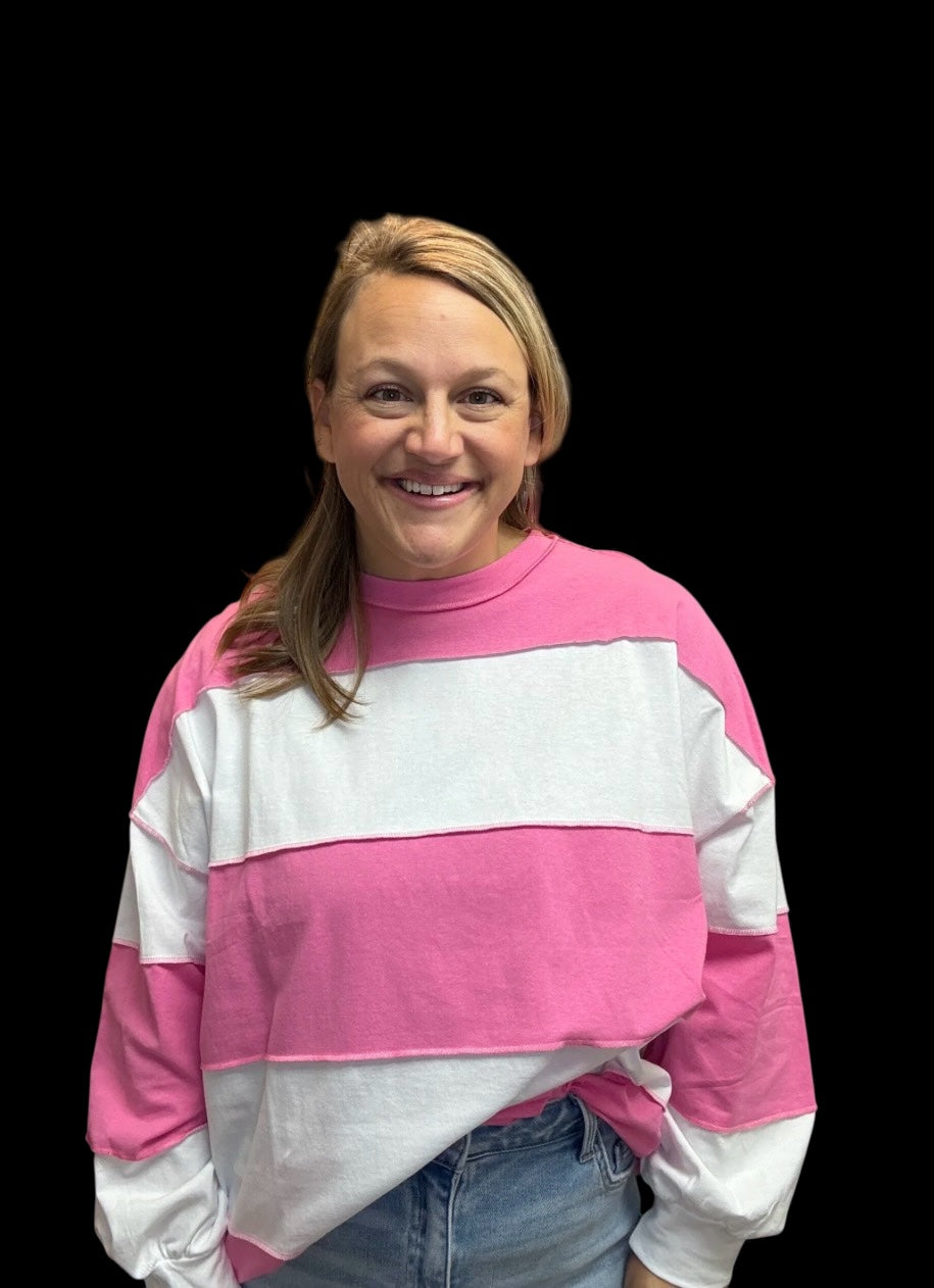 Striped Long Sleeve Slouchy Top - Pink