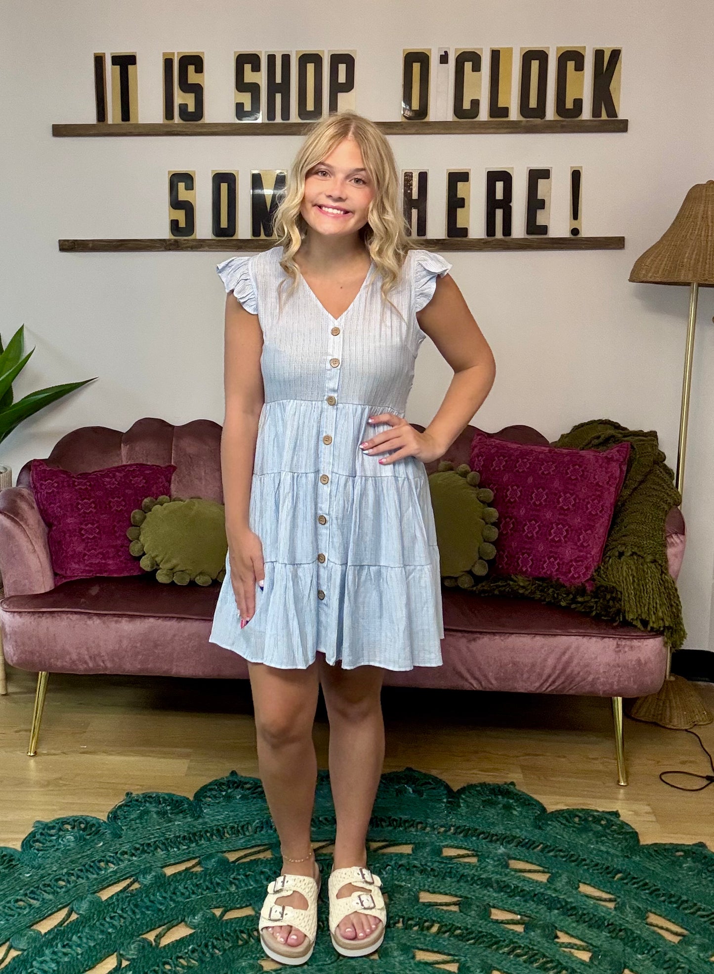 Melinda Baby Blue Striped Tiered Dress