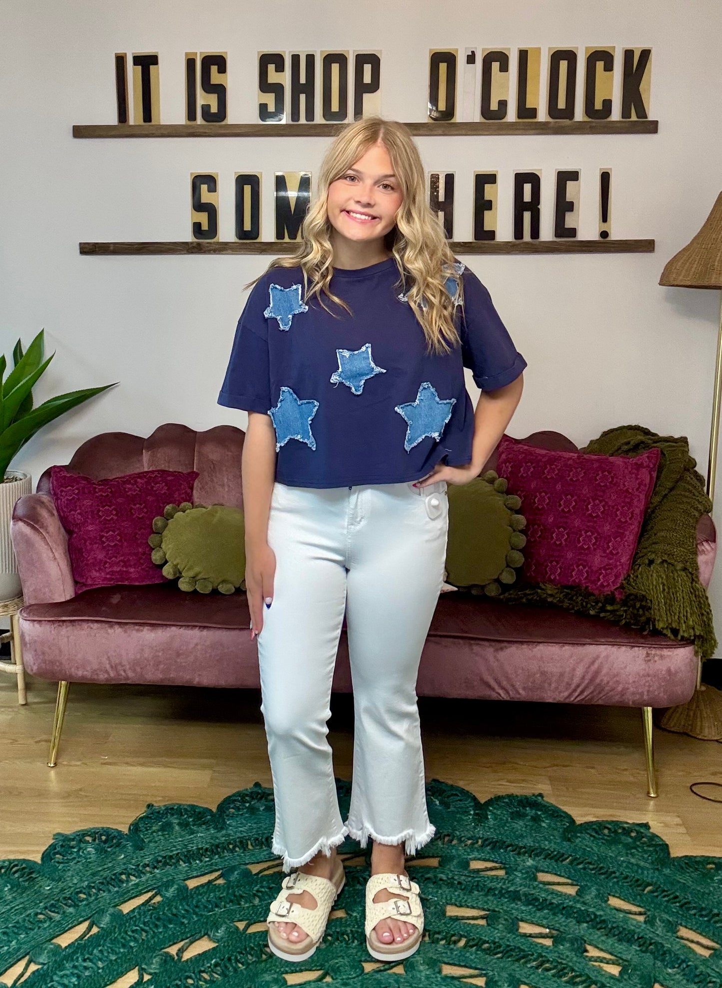 Jolene Navy Frayed Denim Star Tee