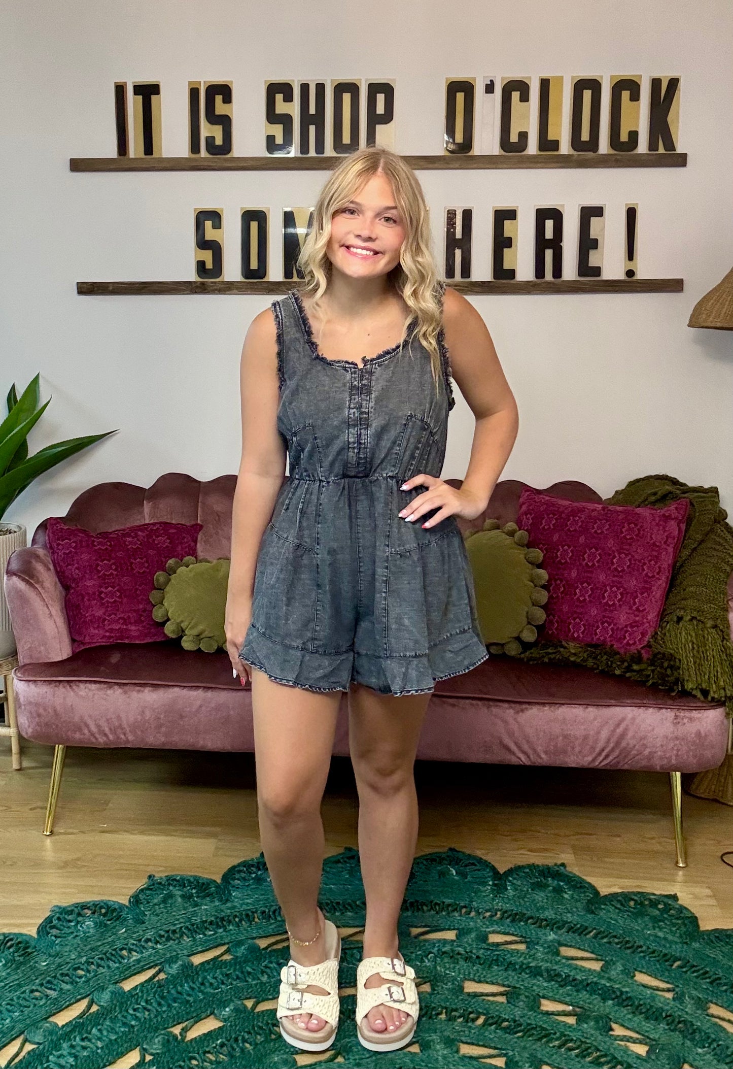 Black Chambray Denim Frayed Romper