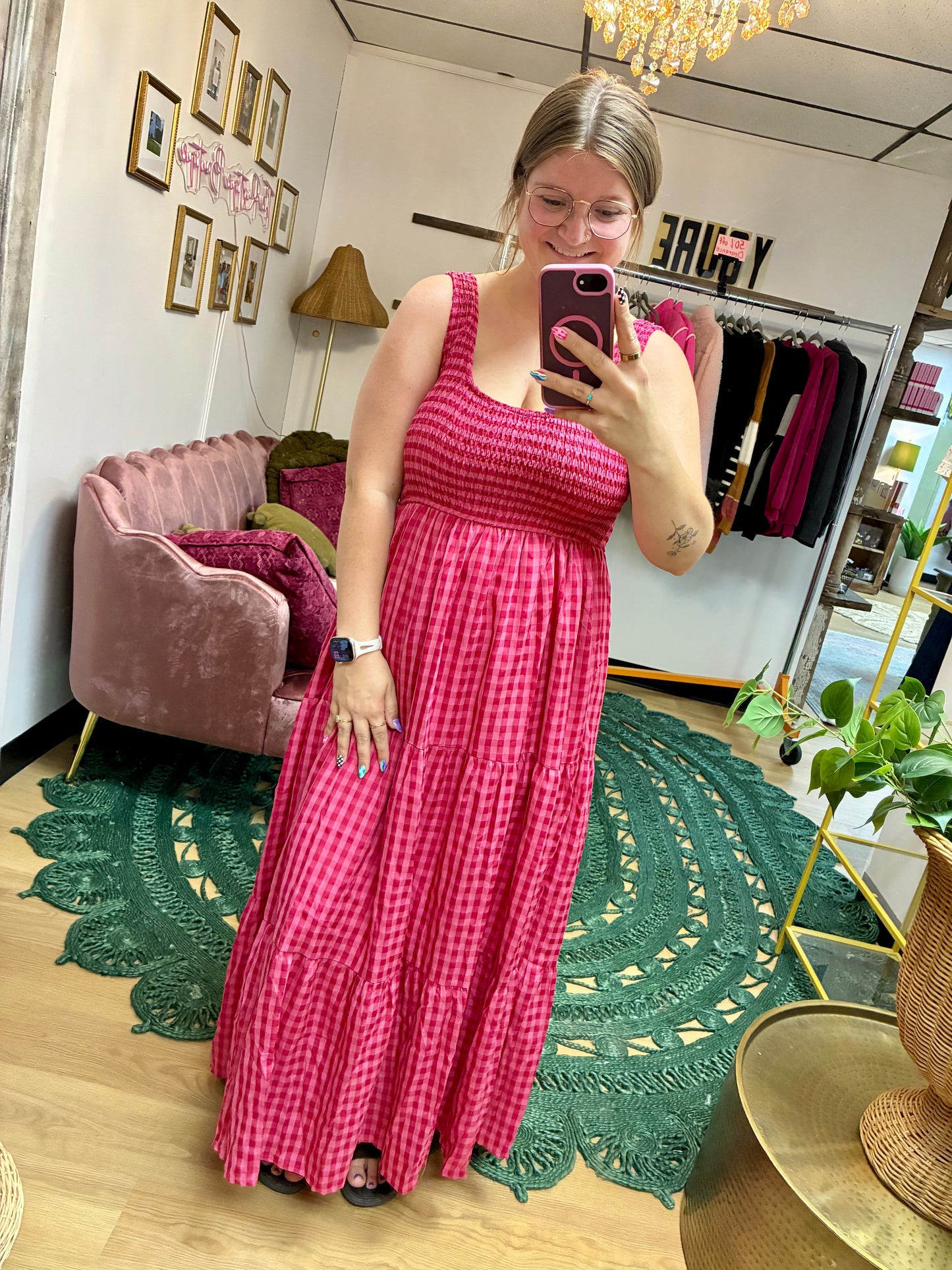 Smocked Gingham Maxi Dress - Fushcia