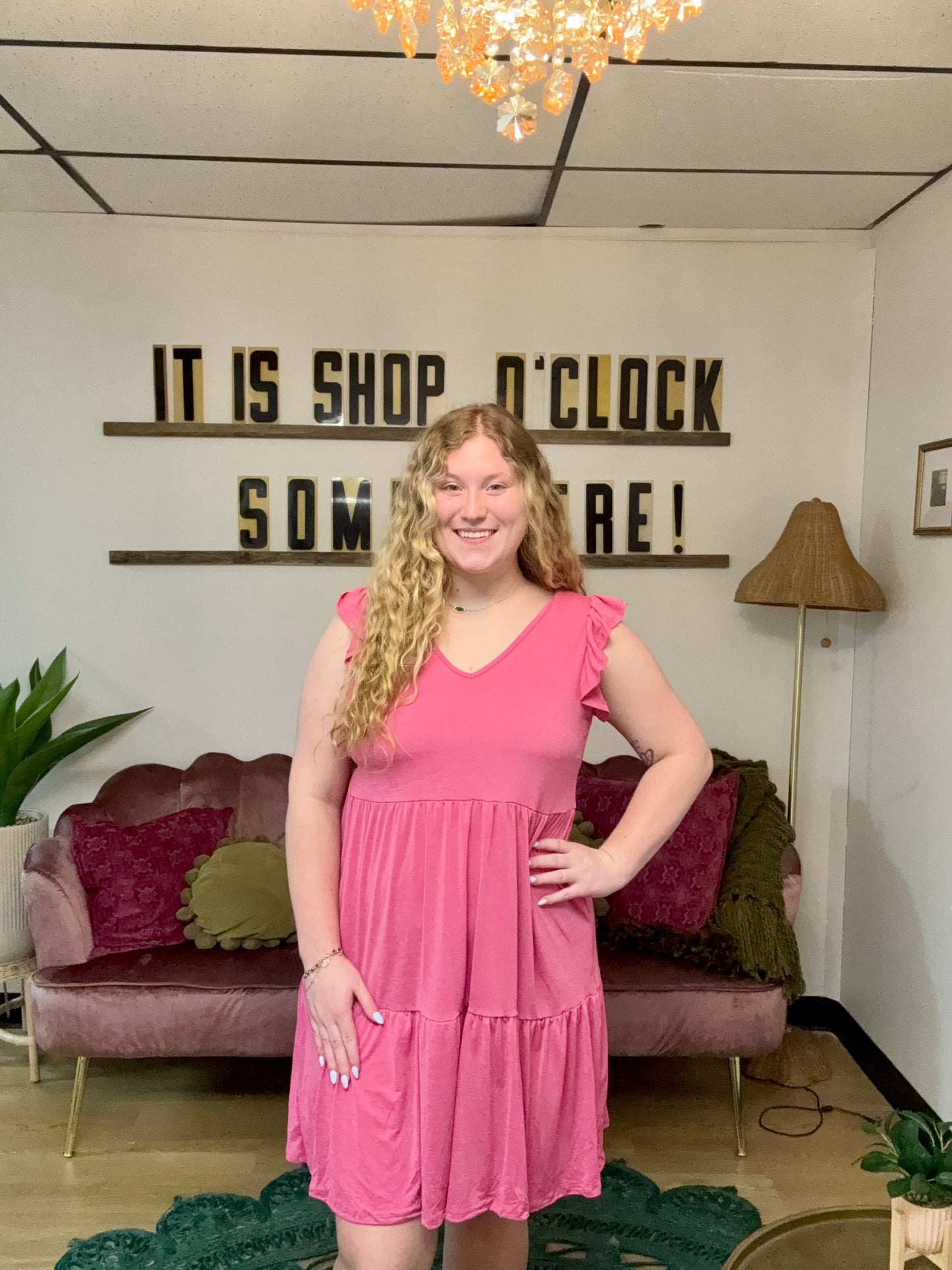 Connie Fuschia Ruffle Sleeve Dress