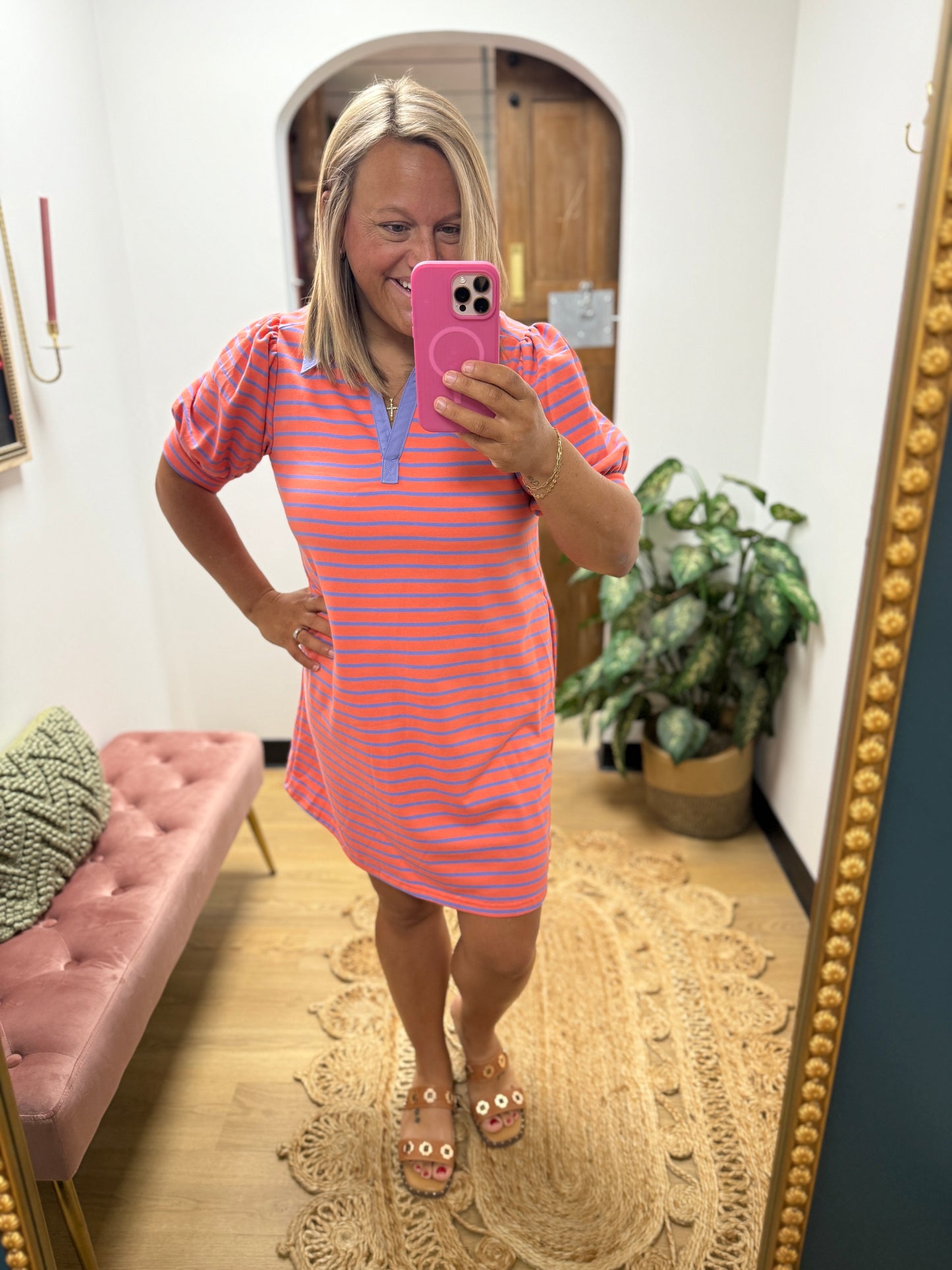 Coral Purple Striped Puff Sleeve Dress