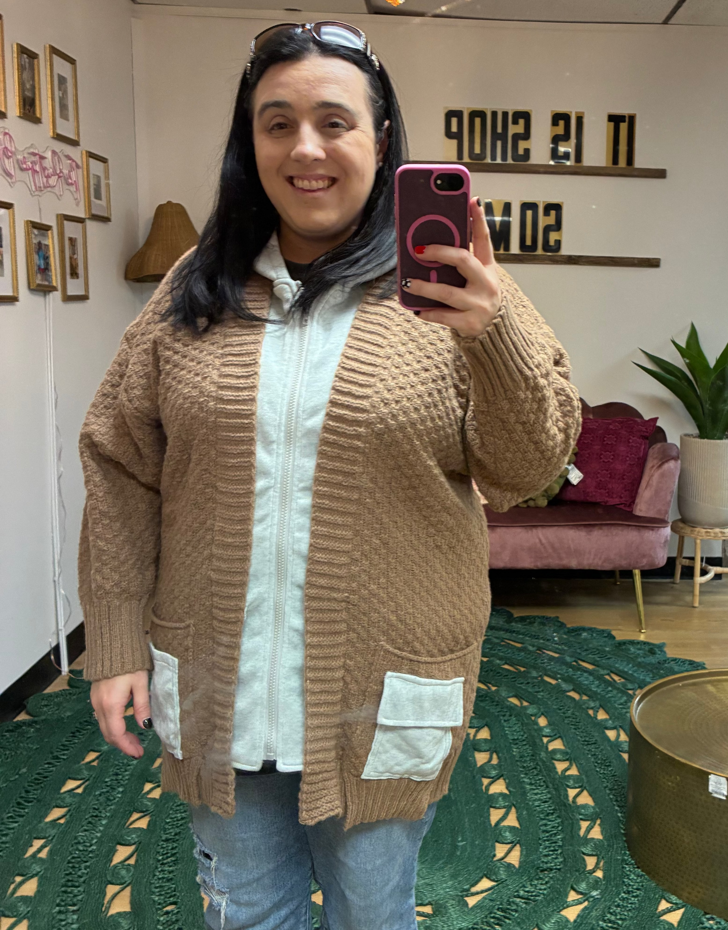 Zip Up Hooded Jacket Sweater - Beige