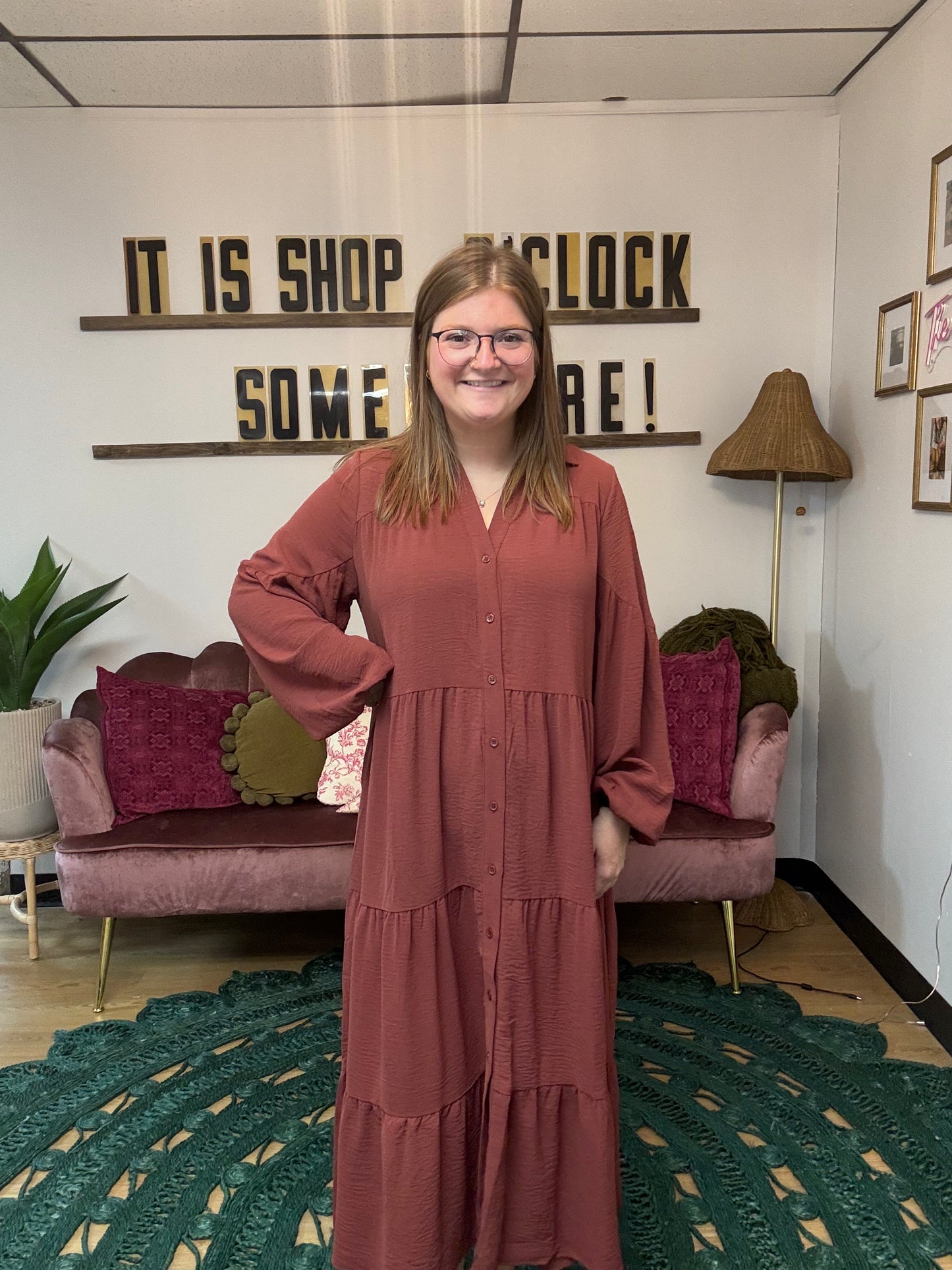 Collar Button Down Tiered Maxi Dress - Rust