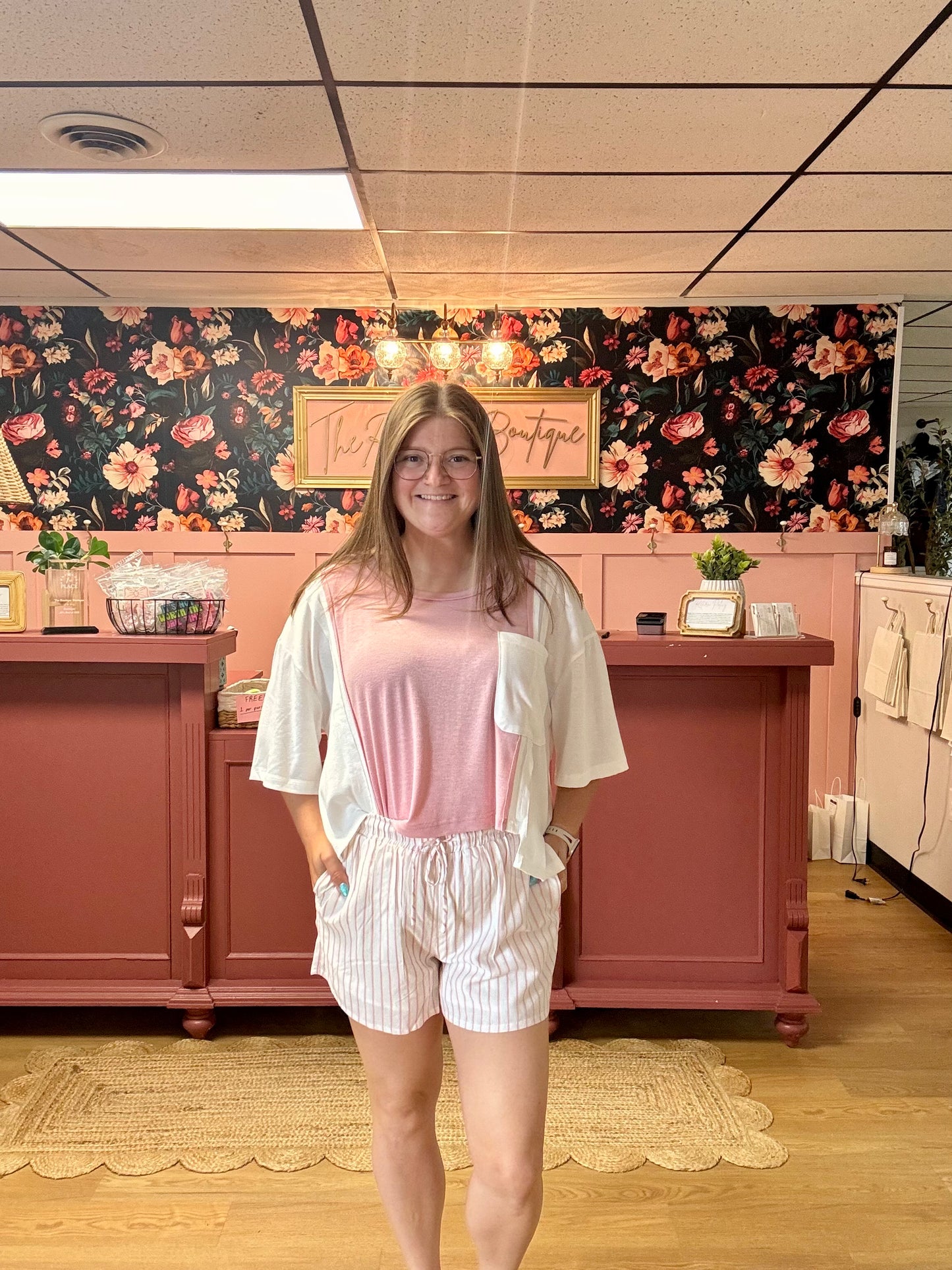 Pink Striped Drawstring Shorts