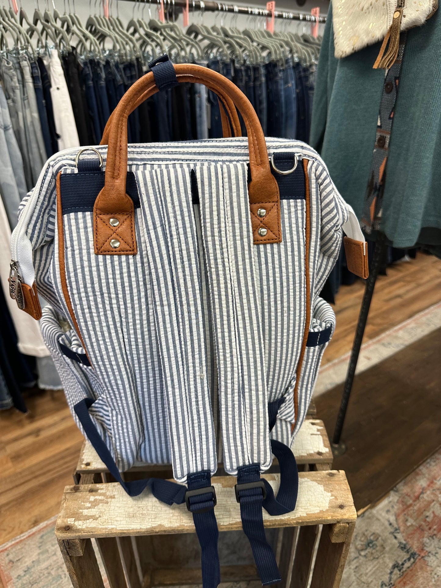 Blue pinstripe backpack/diaper bag