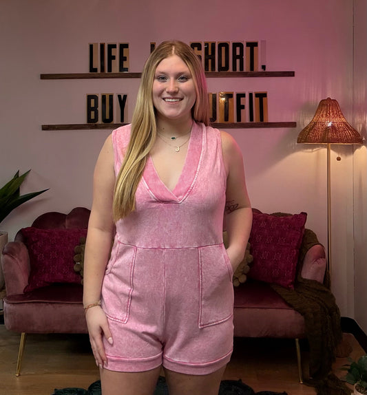 Isla Acid Wash Romper - Hot Pink