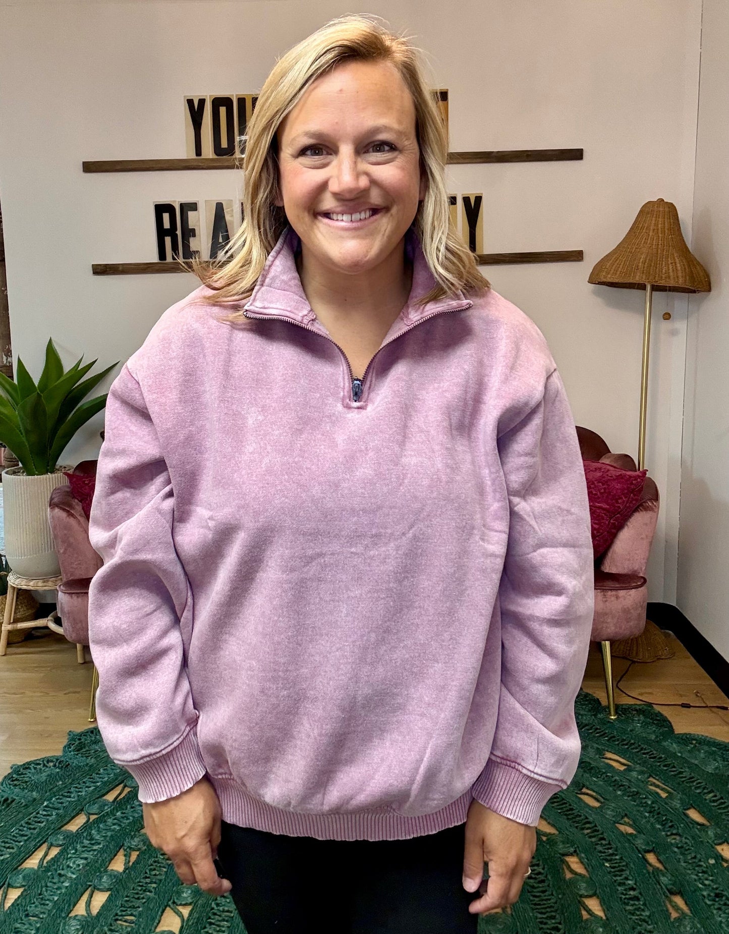 Tandy Acid Wash 1/4 Zip Sweatshirt - Mauve