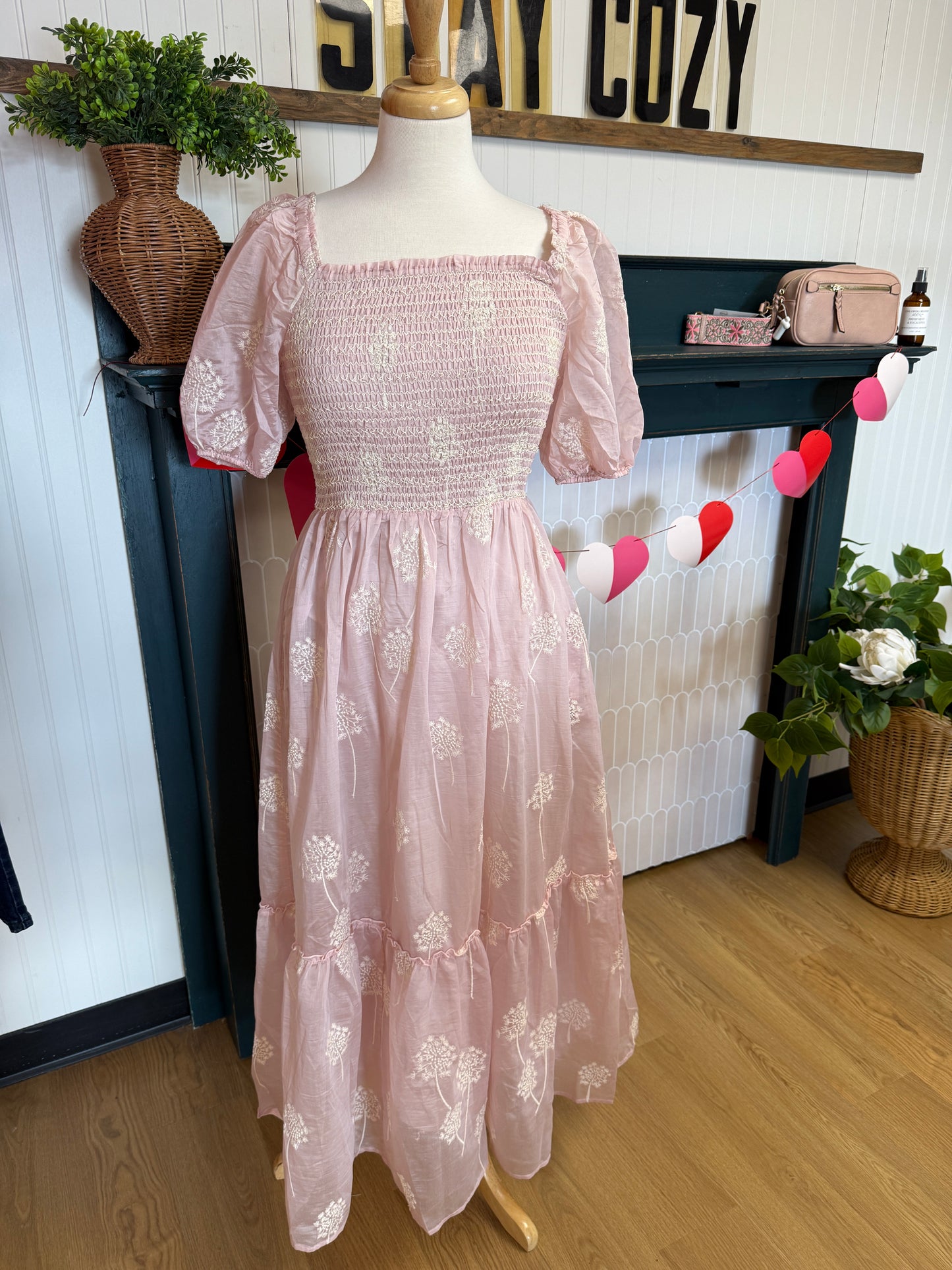 Embroidered Smocked Maxi Dress - Wispy Pink