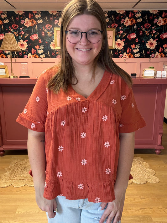Rust Floral Babydoll Top