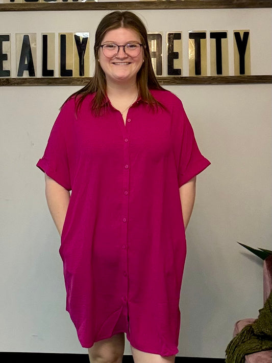 Dolman Short Sleeve Shirt Dress - Magenta