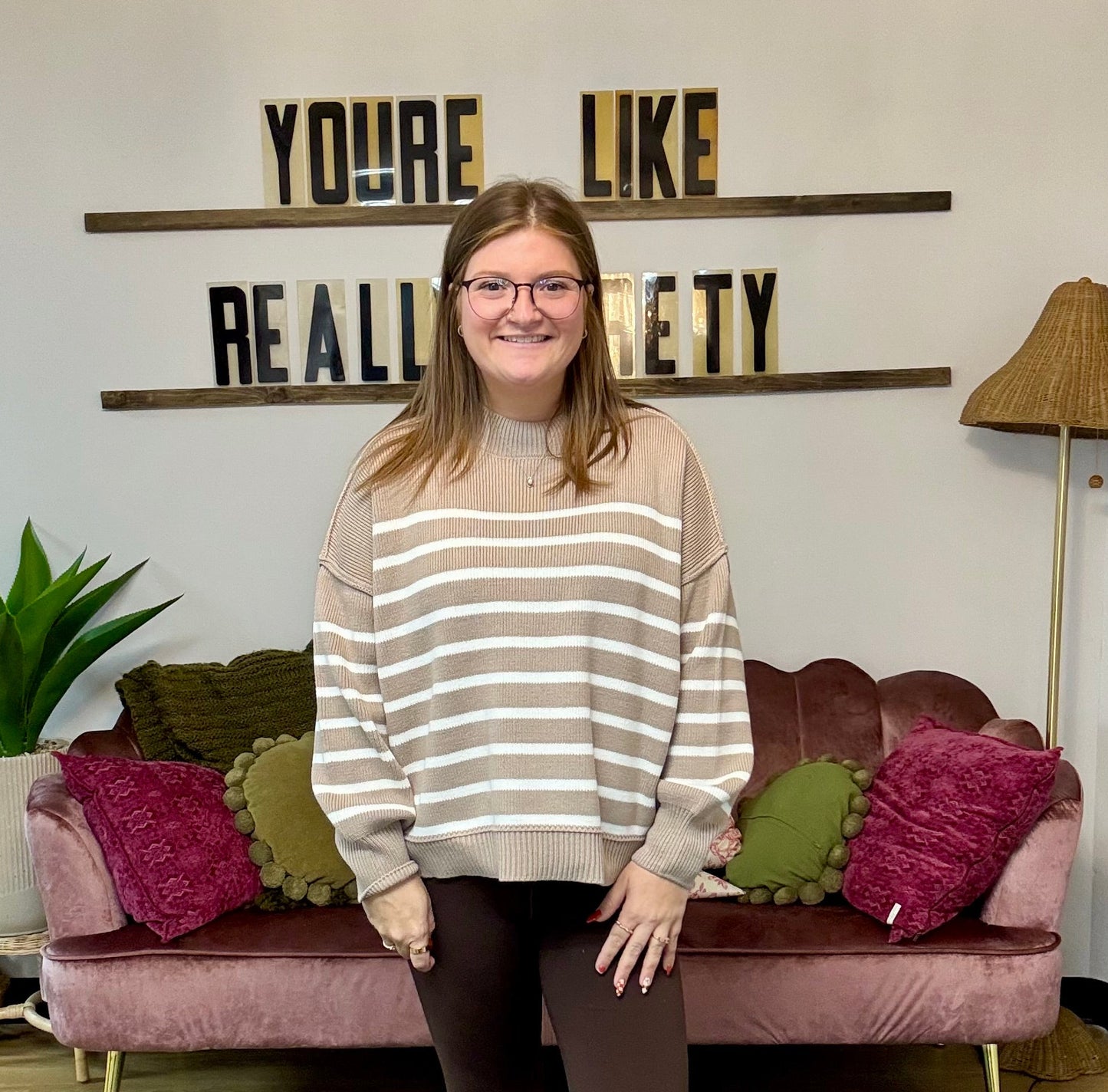 Exposed Seam Striped Sweater - Tan