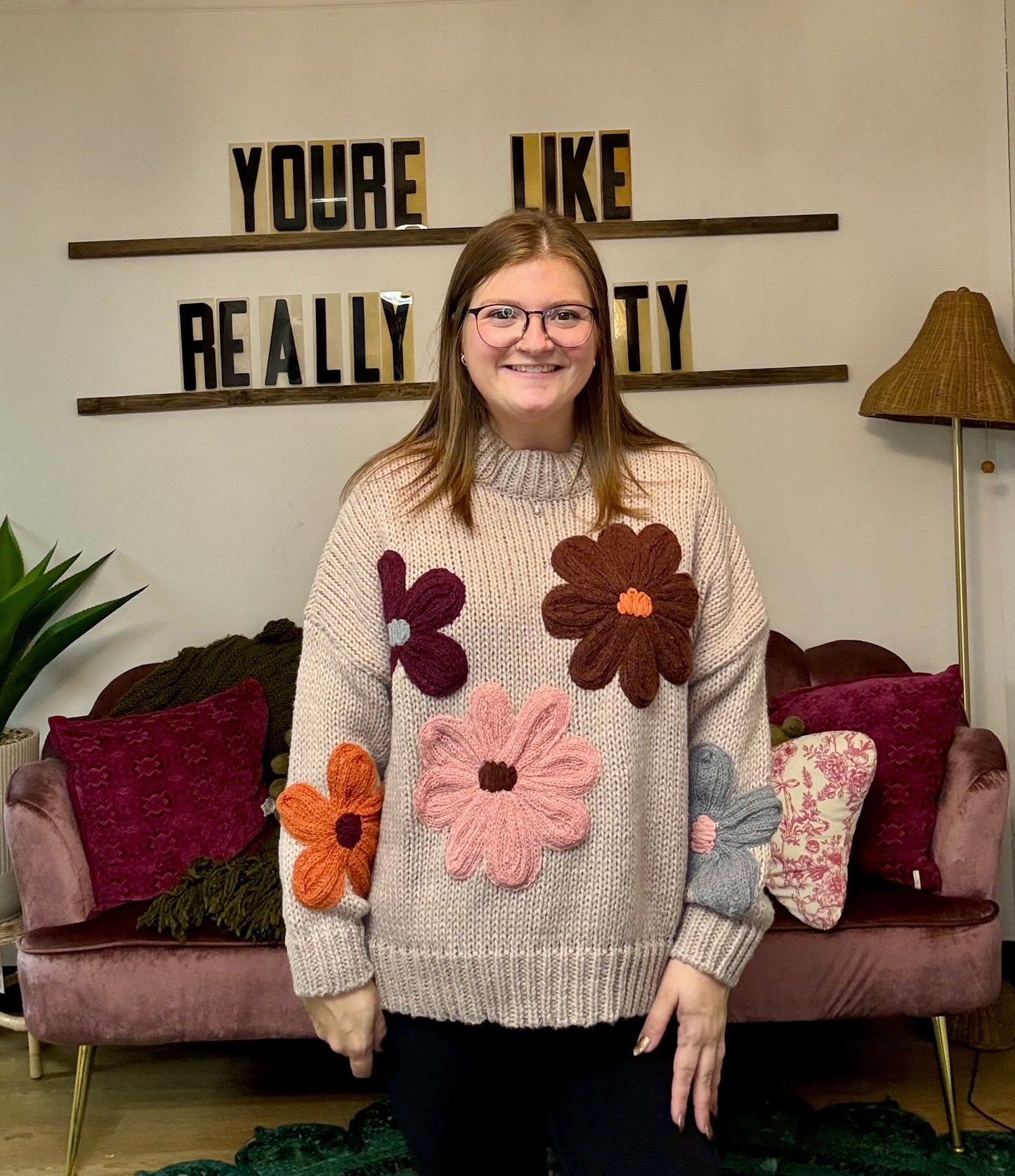 Knit Flower High Neck Sweater - Natural