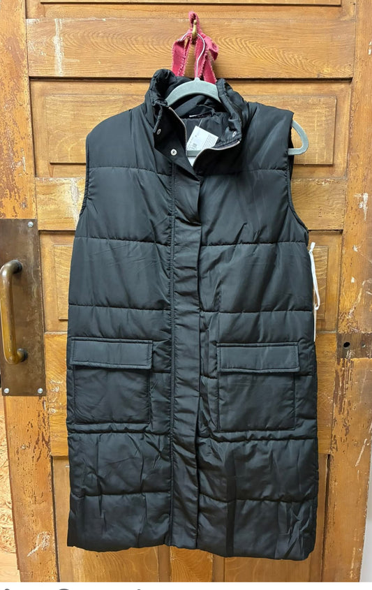 Long Black Quilted Puffer Vest - Black