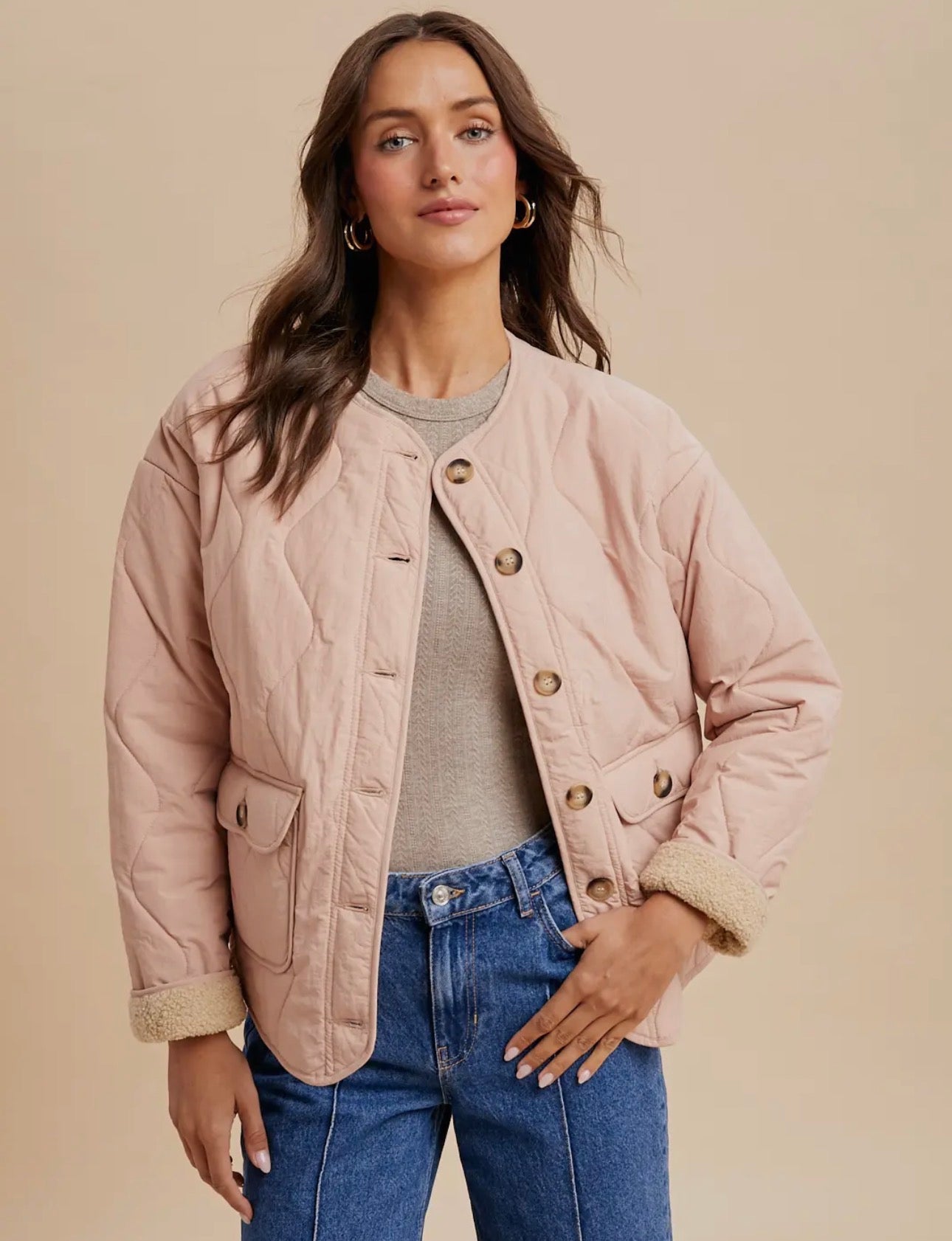 Quilted Sherpa Lined Puffer Jacket - Rose