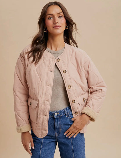 Quilted Sherpa Lined Puffer Jacket - Rose