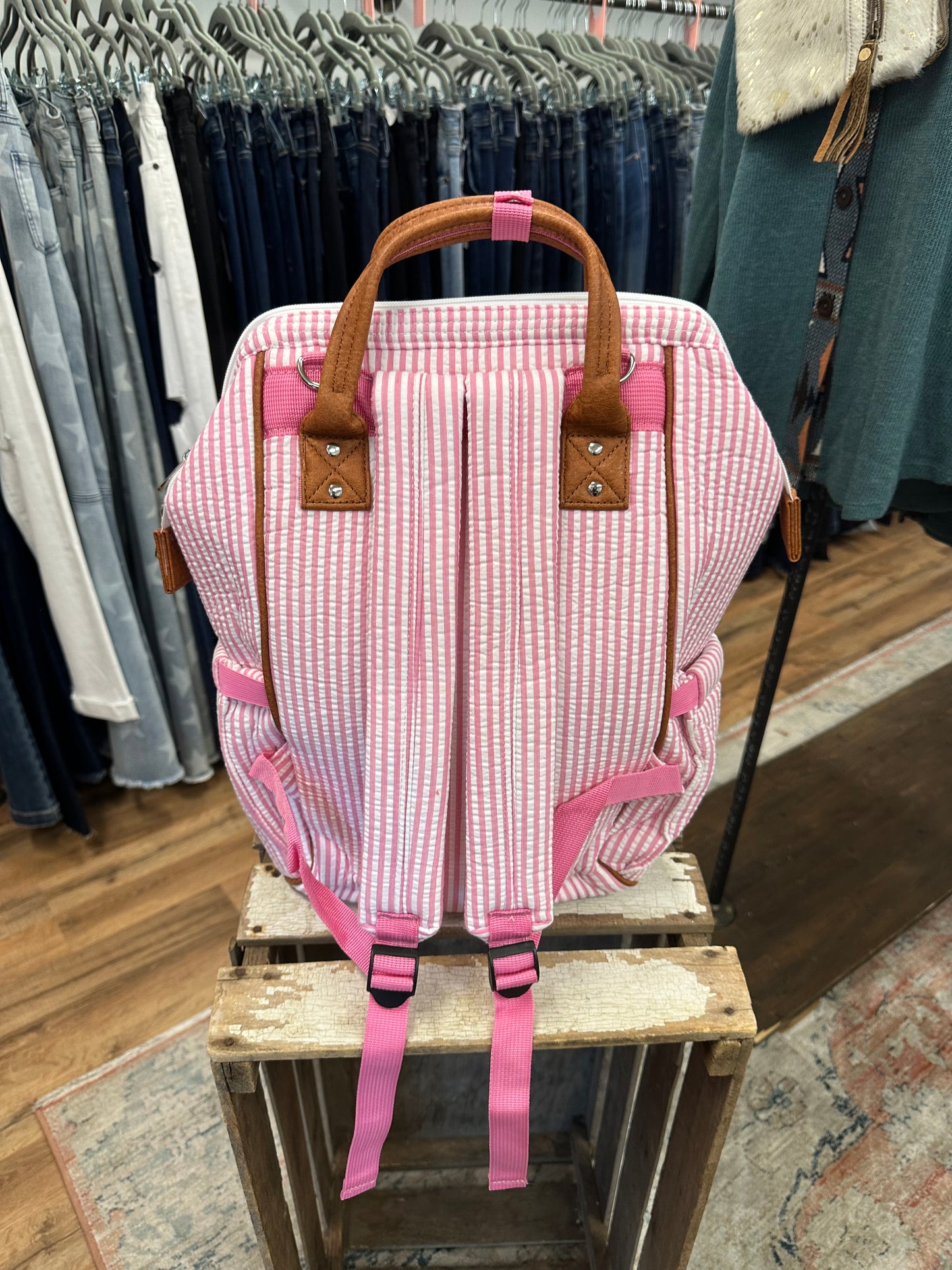 Pink pinstripe backpack/diaper bag