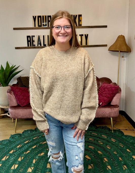 Stitch Detail Knit Sweater - Khaki