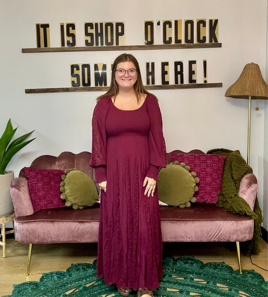 Smocked Lace Long Sleeve Maxi Dress - Burgundy