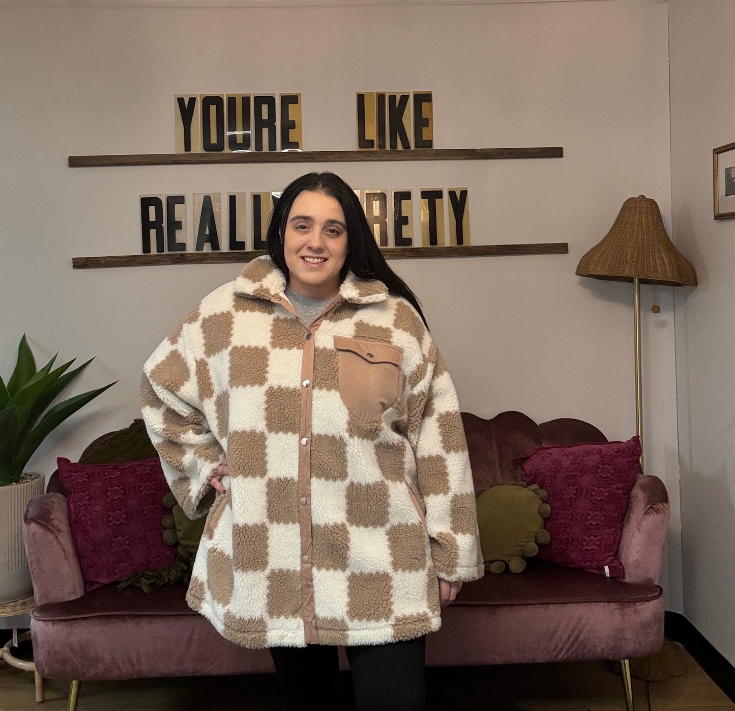 Taupe Checkered Sherpa Jacket