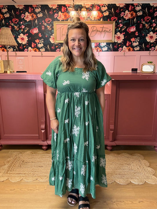 Embroidered Square Neck Bubble Sleeve Green Dress
