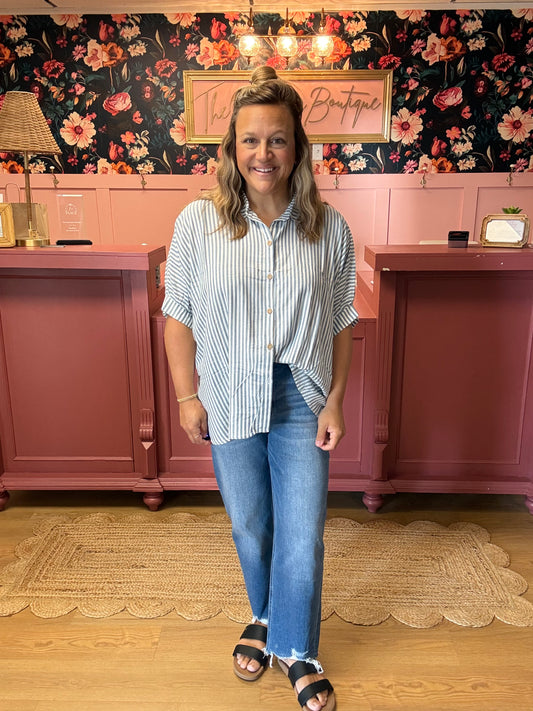 Short Sleeve Stripe Blouse - Teal