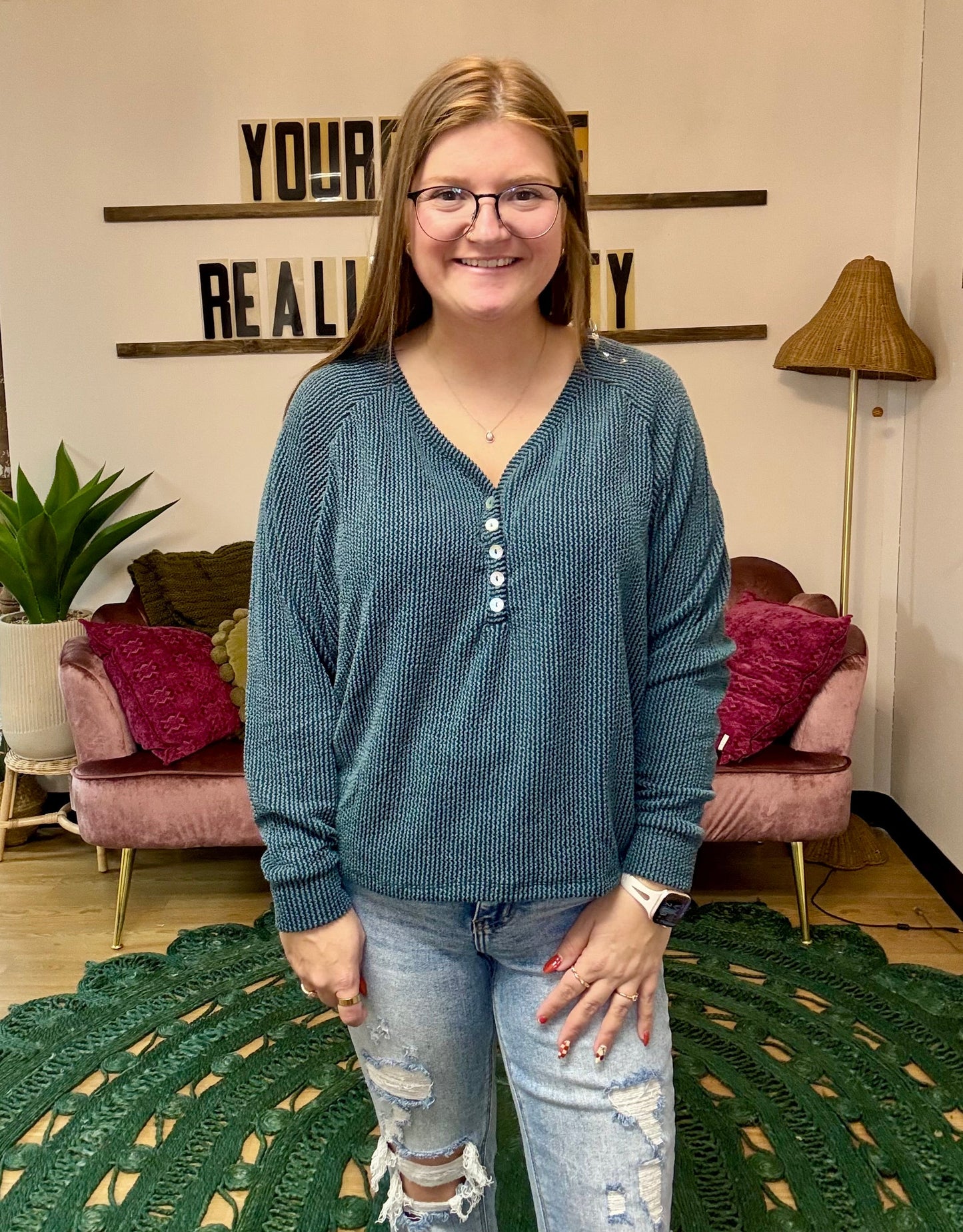 Texture Rib Button Pullover - Hunter