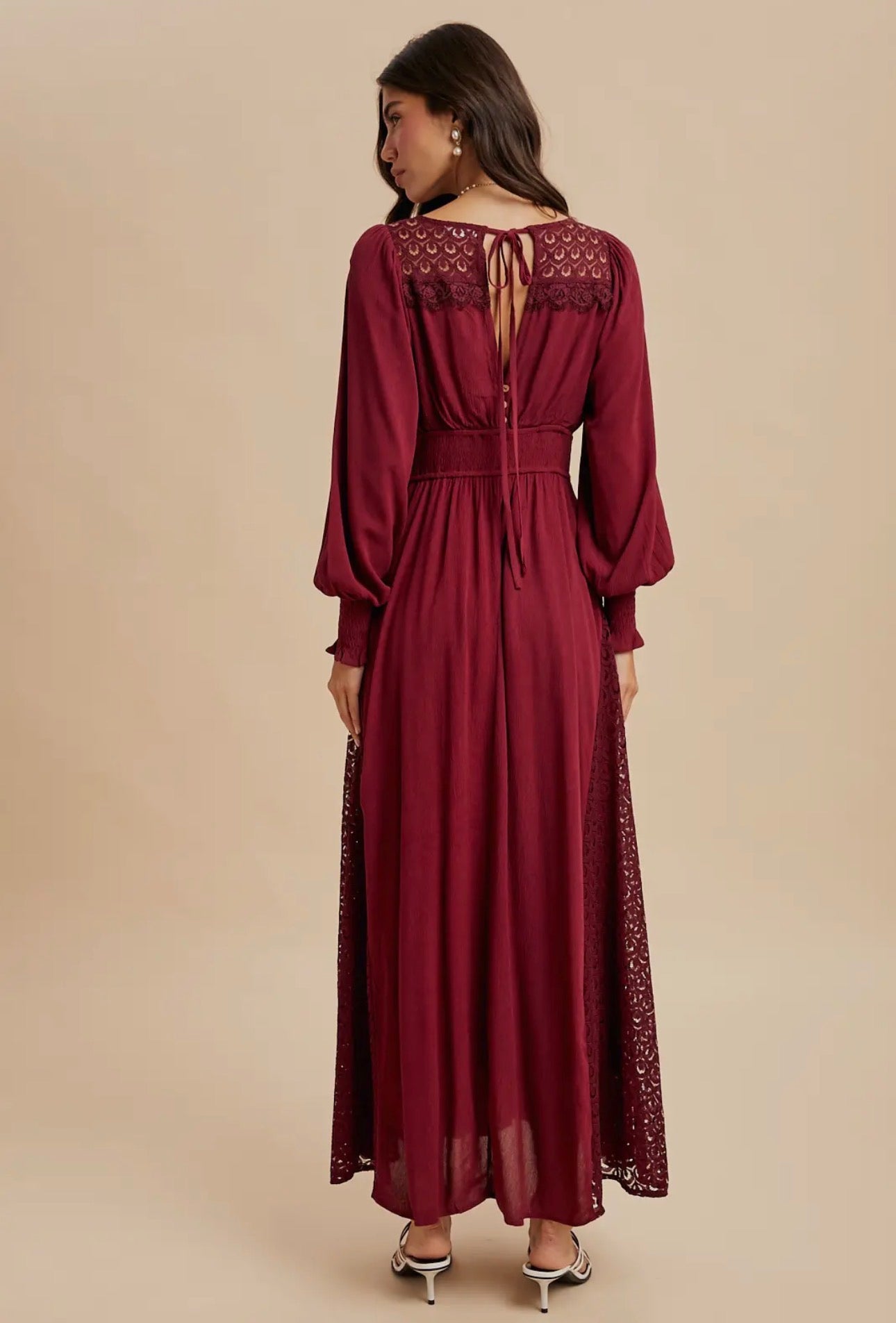 Lace V Neck Maxi Dress - Wine - now 50% off!