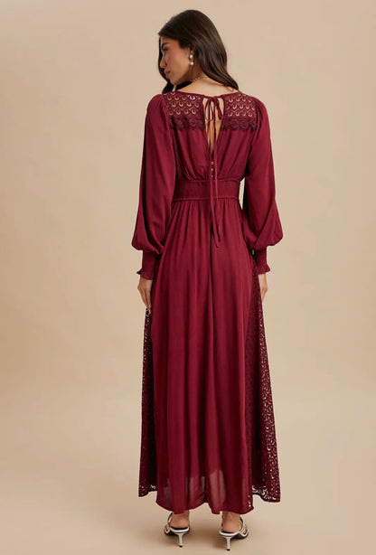 Lace V Neck Maxi Dress - Wine - now 50% off!