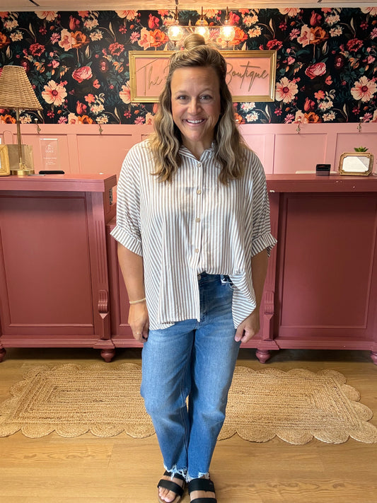 Short Sleeve Stripe Blouse - Taupe