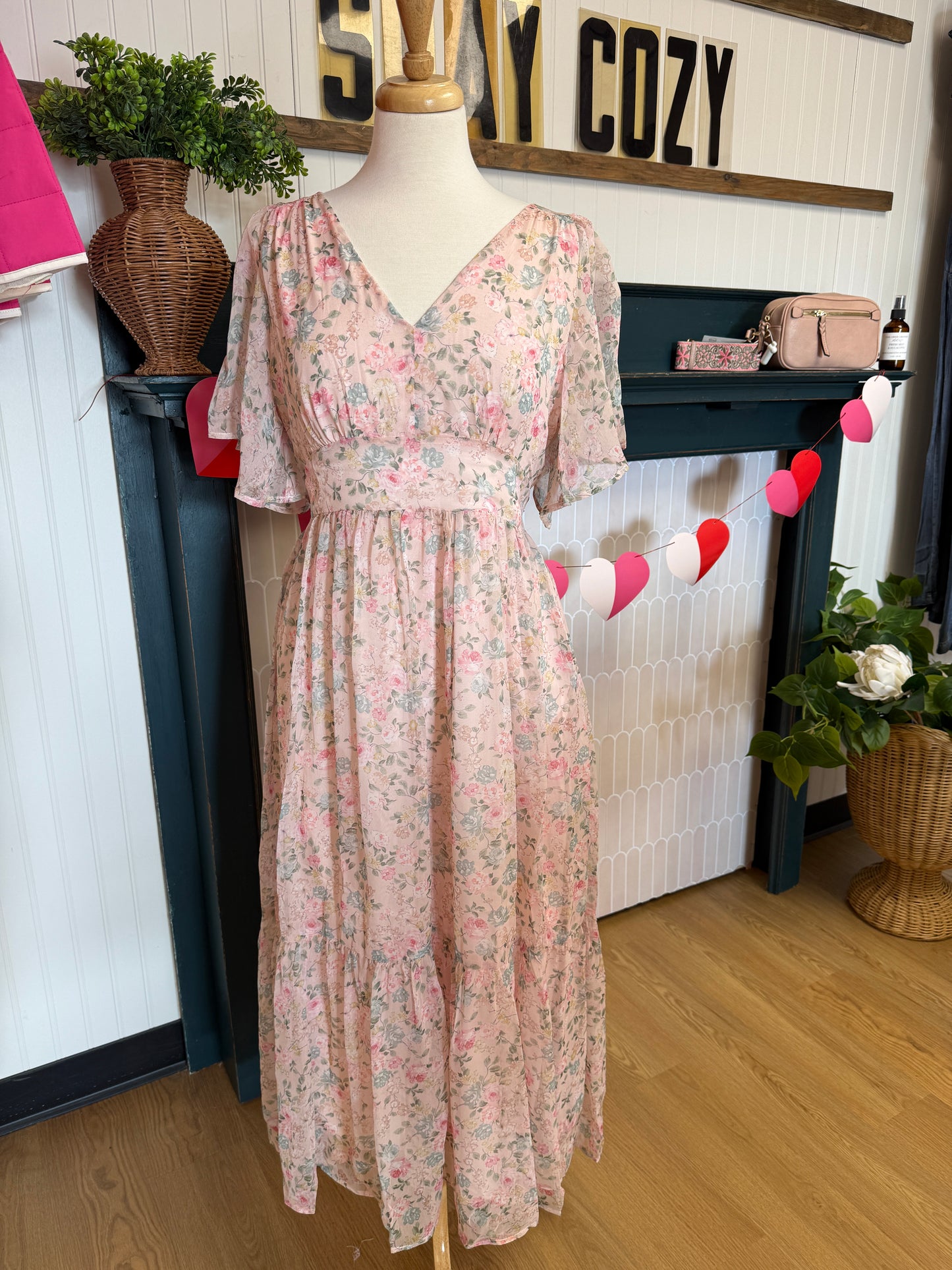 Floral Flutter Sleeve Maxi Dress - Floral