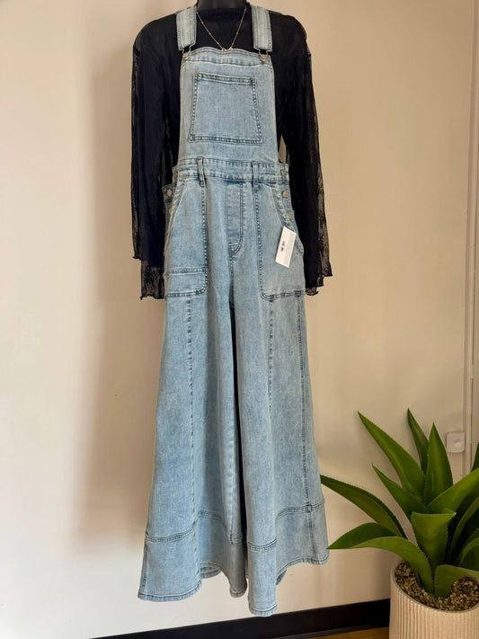 Wide Leg Denim Overall Jumpsuit
