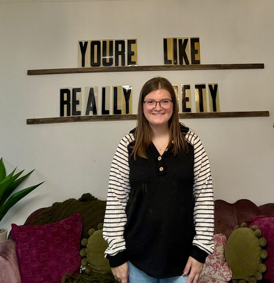 Half Button Striped Long Sleeve Top